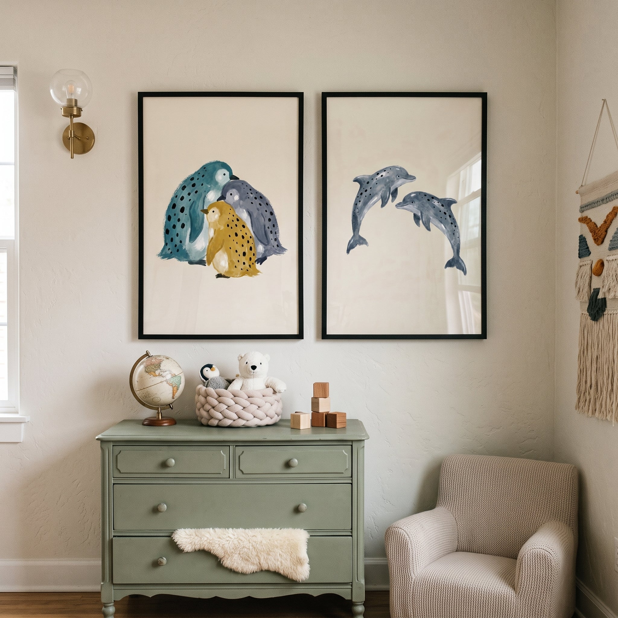 Scandi Speckled Sea Creature Wall Art Set of 2 - Ocean Animal Friends