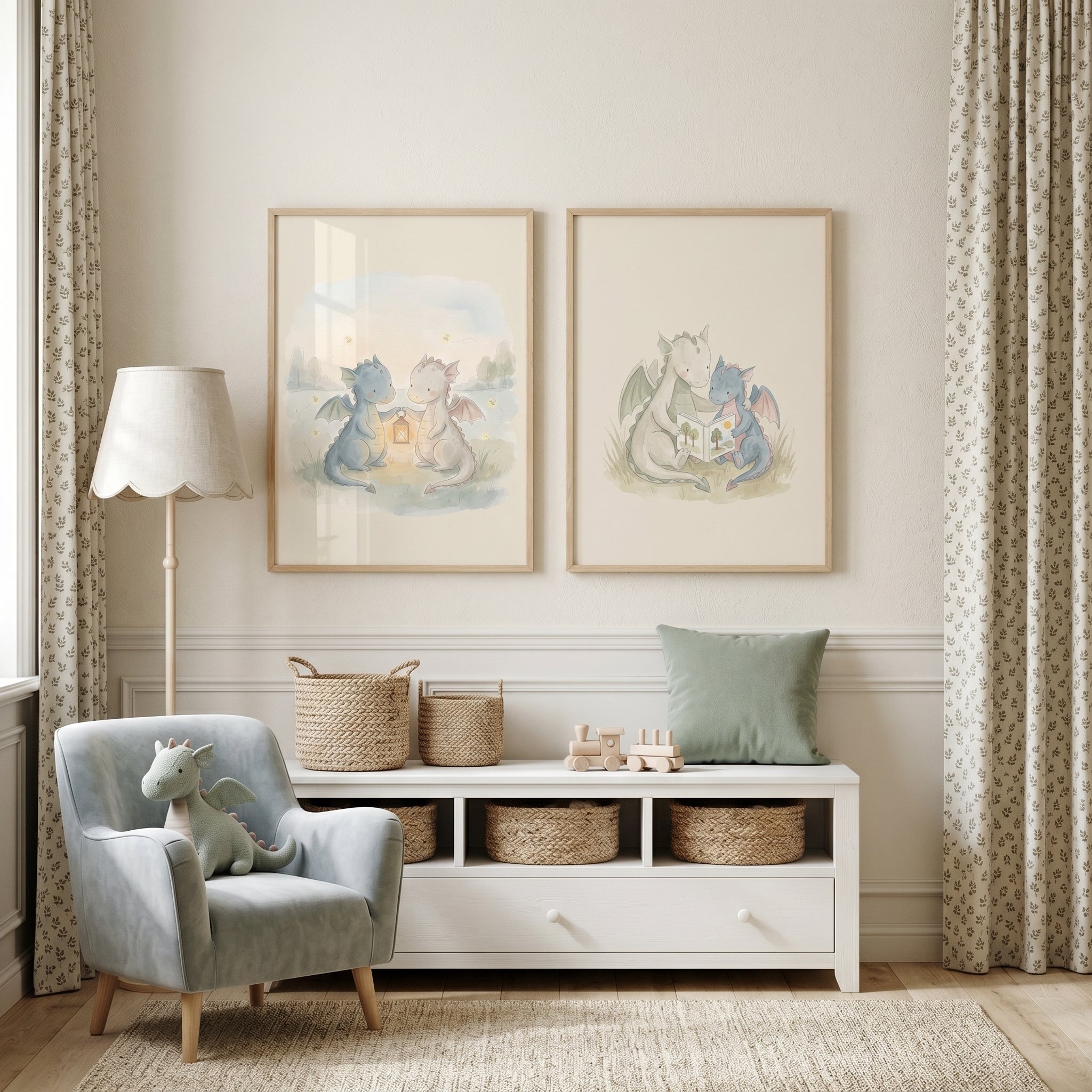 Scandi Style Baby Dragons Wall Art Set of 2 - Baby Dragon Friends