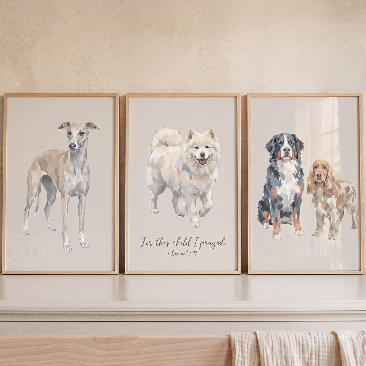 Scandi Style Neutral Dogs Wall Art Set of 3 - Blessed Dog Art