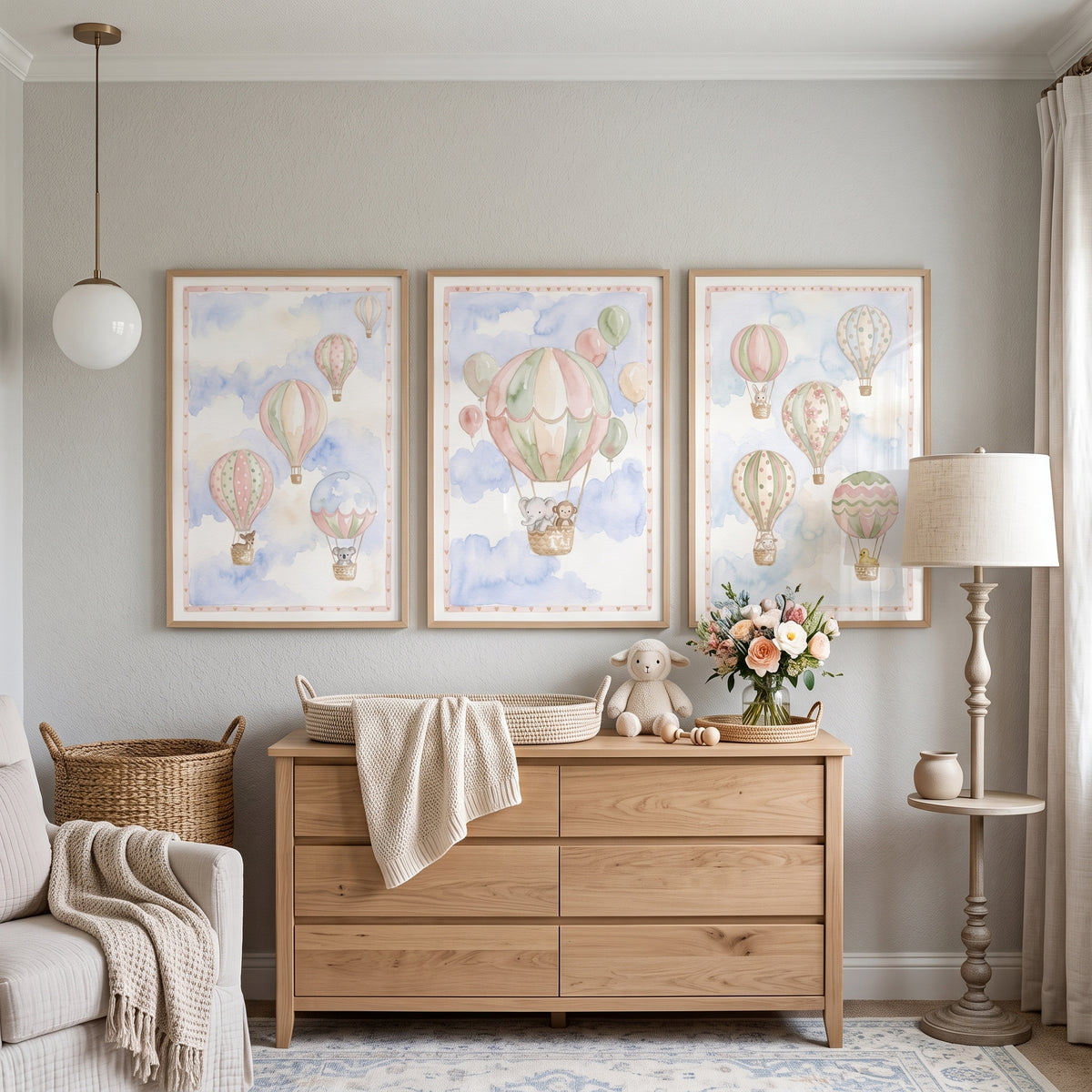 Scandi Watercolor Balloon Wall Art Set Of 3 - Whimsical Balloon Travels