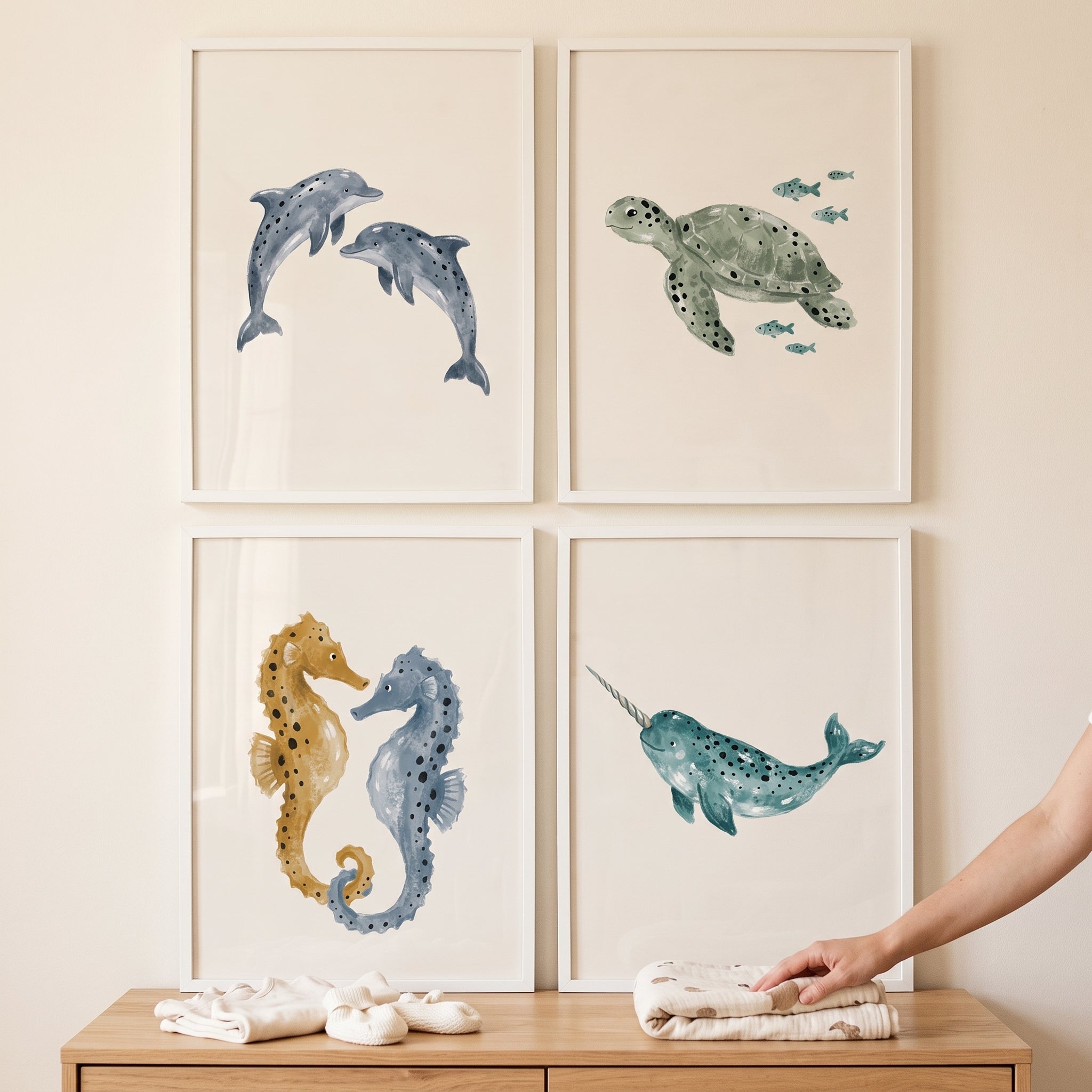Scandi Watercolor Sea Animal Wall Art Set of 4 - Ocean Friend Collection