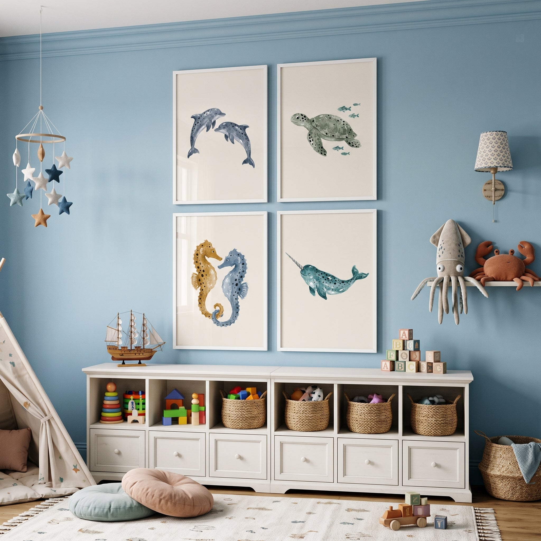 Scandi Watercolor Sea Animal Wall Art Set of 4 - Ocean Friend Collection