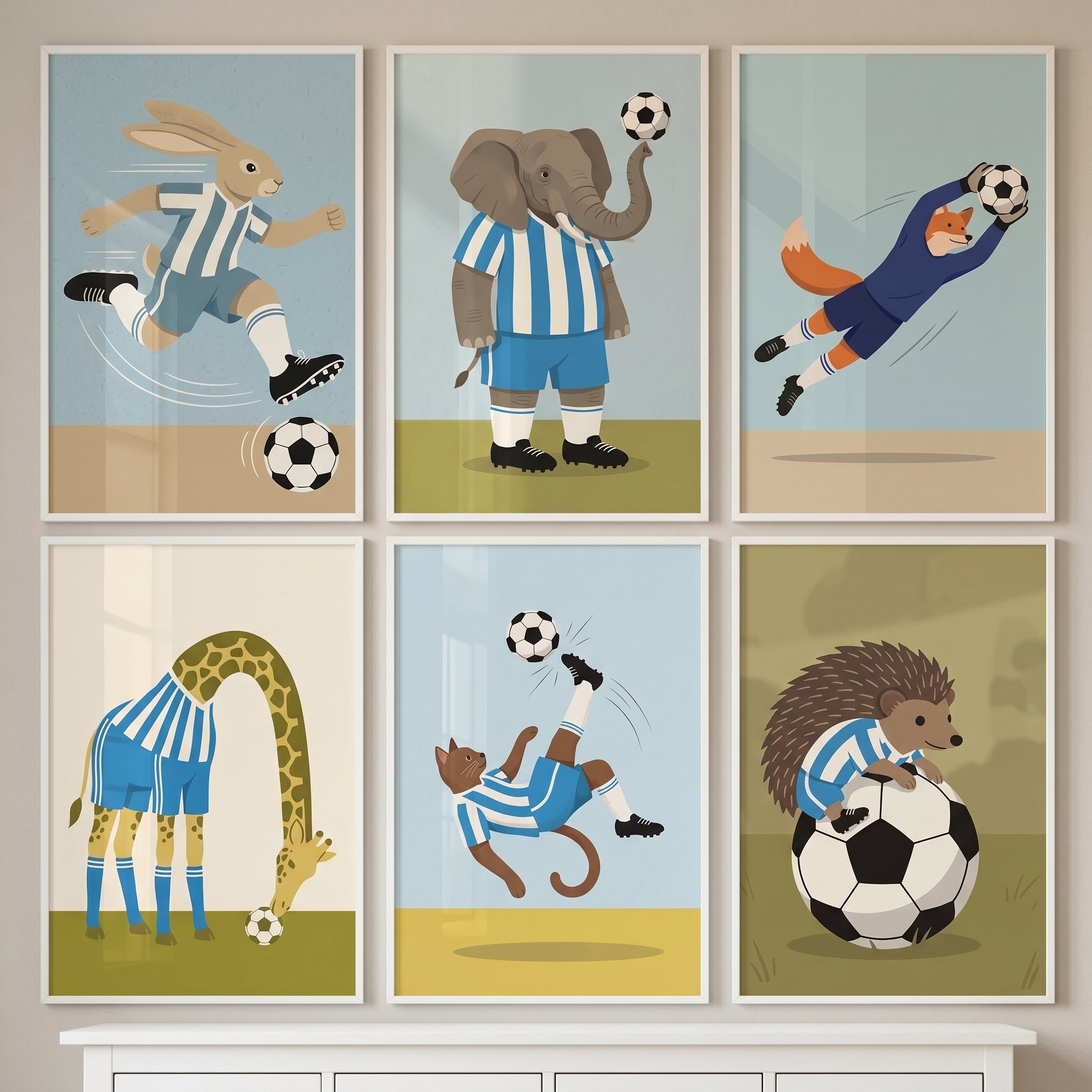 Scandinavian Style Soccer Animal Wall Art Set of 6 - Wild Goal Kickers