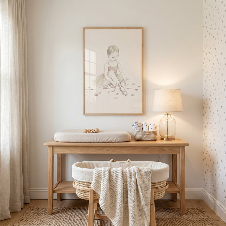 Scattered petal seated ballerina wall art above a wooden changing table and wicker bassinet in a neutral nursery.