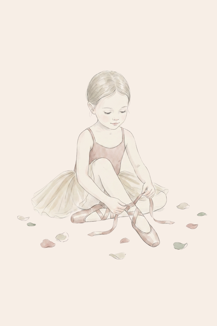 Young girl ties her shoe ribbons in this scattered petal seated ballerina wall art.