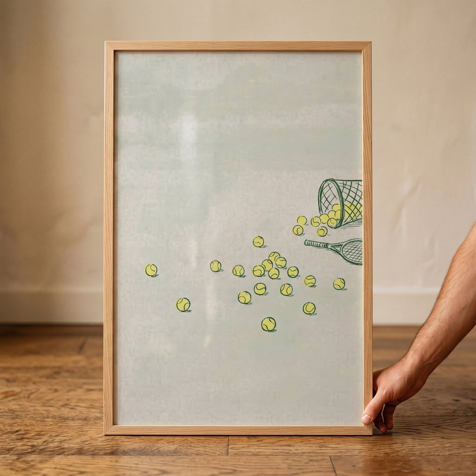Framed scattered yellow tennis ball wall art depicts a tennis racket and a tipped-over ball basket on a light background.