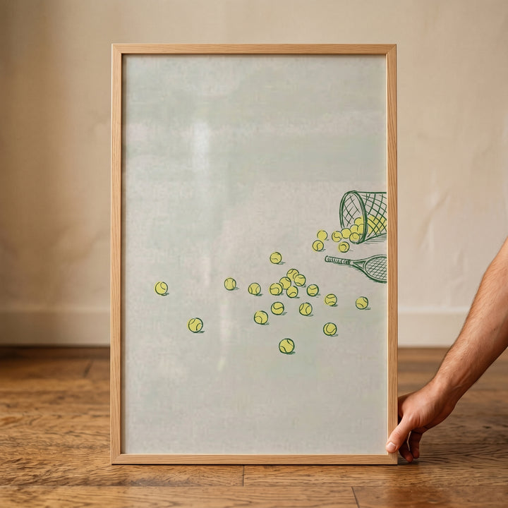Framed scattered yellow tennis ball wall art depicts a tennis racket and a tipped-over ball basket on a light background.