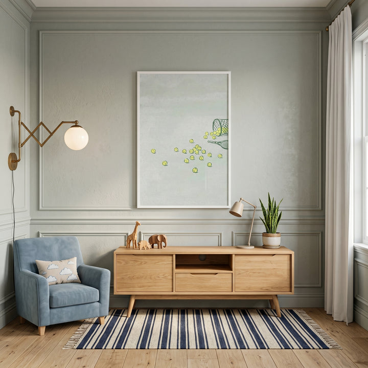 Modern room with a blue armchair, wooden sideboard, striped rug, and scattered yellow tennis ball wall art.