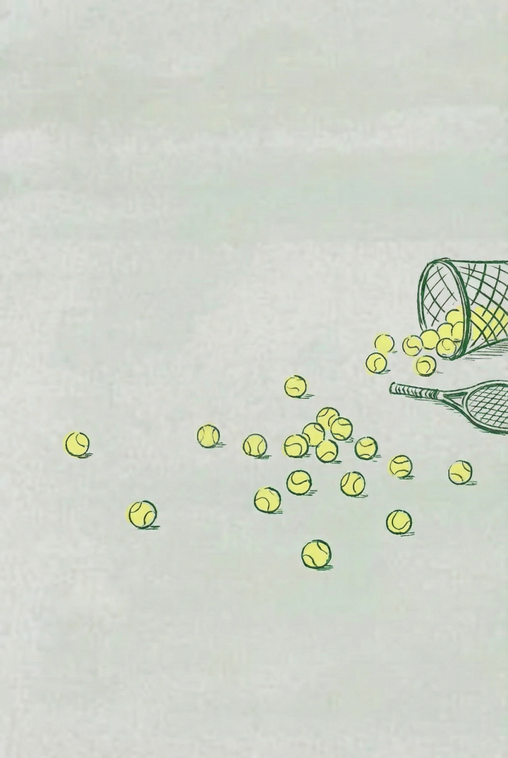Scattered yellow tennis ball wall art with a tennis racket and a spilled basket on a minimalist gray background.
