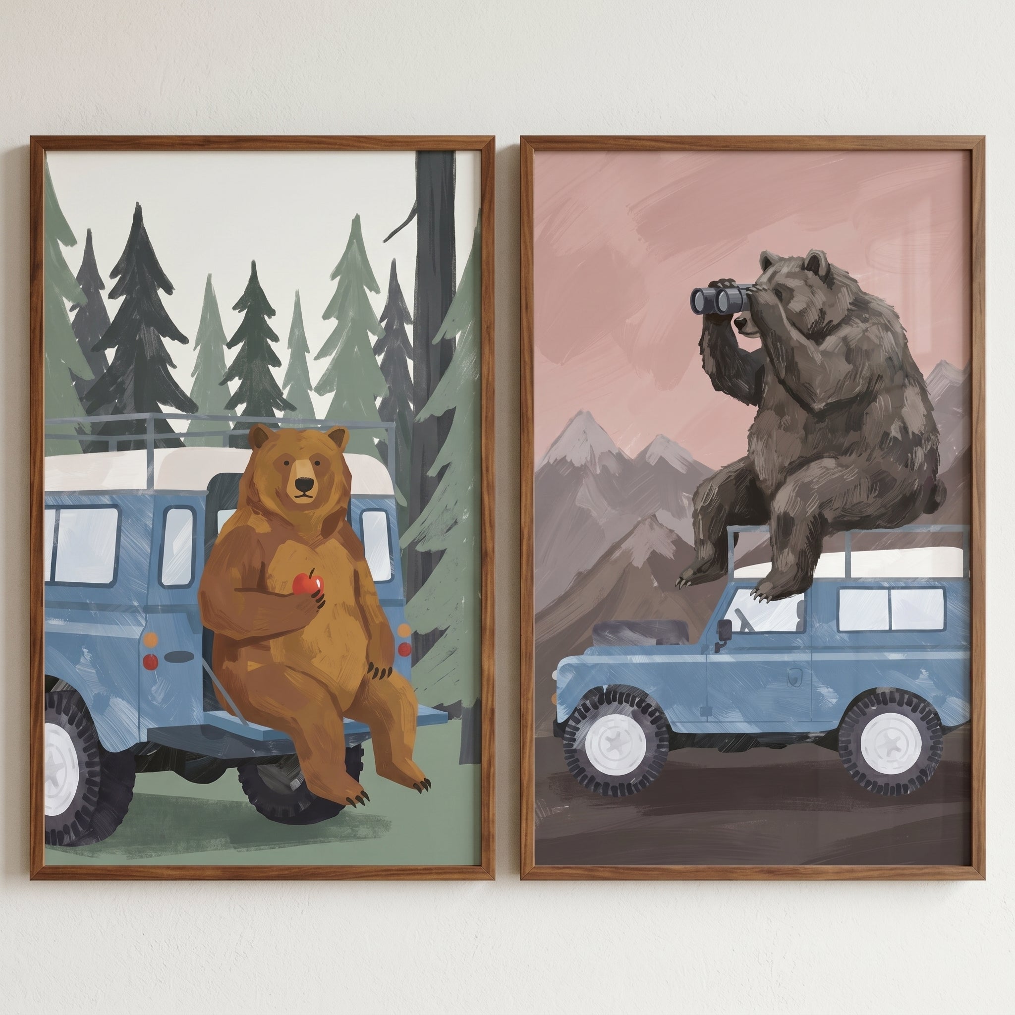 Scenic Blue Vehicle Bear Wall Art Set of 2 - Wilderness Scout Bears