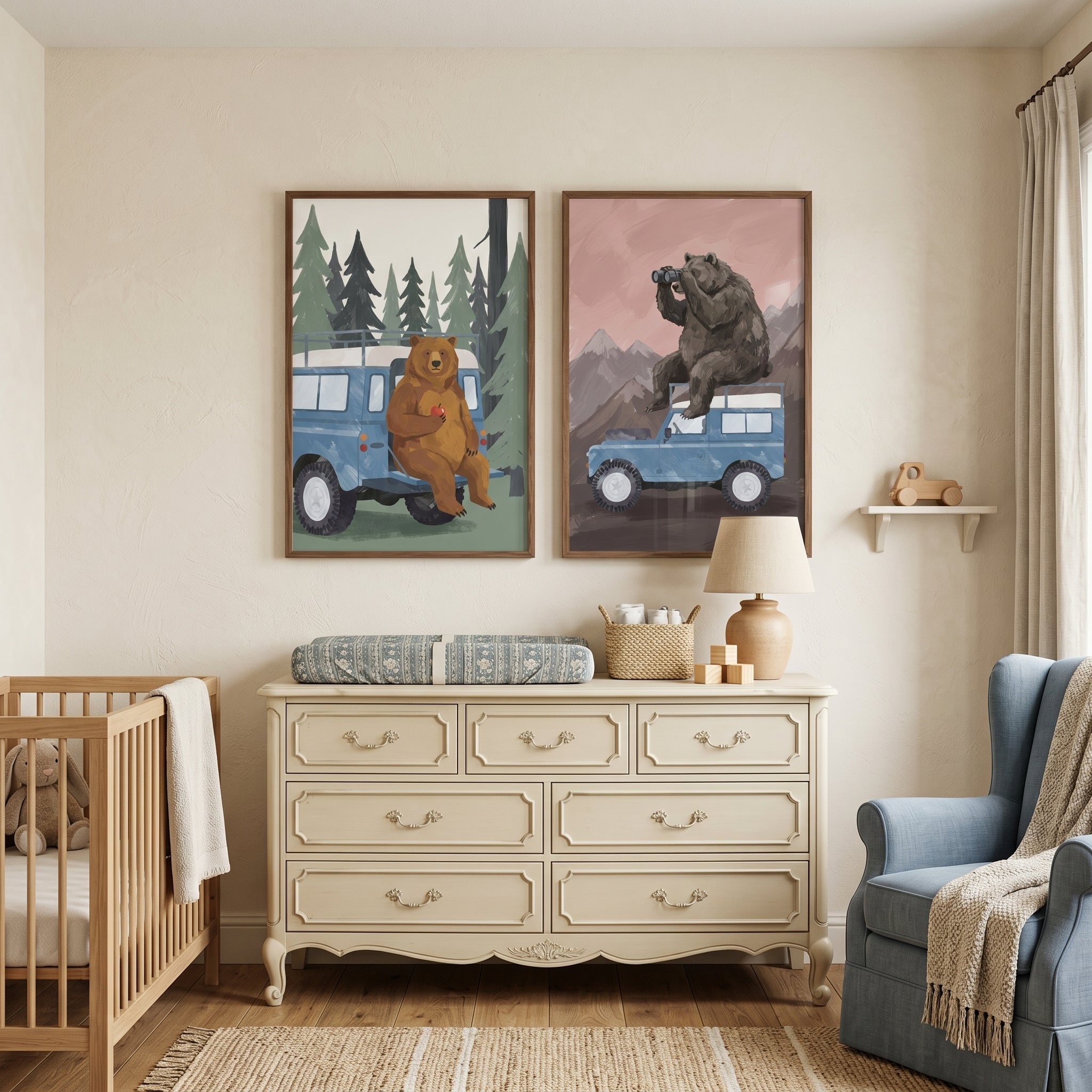 Scenic Blue Vehicle Bear Wall Art Set of 2 - Wilderness Scout Bears