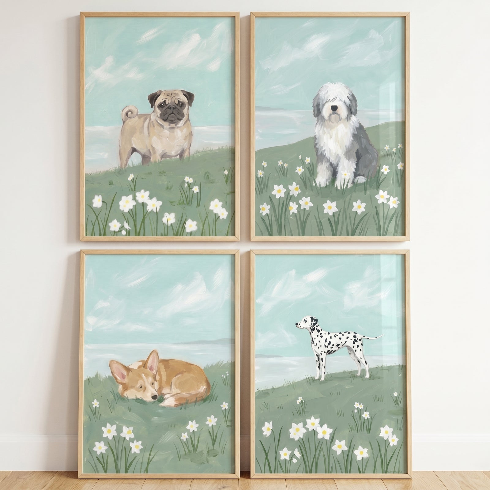 Scenic coastal pasture dog wall art set of 4 featuring a pug, sheepdog, corgi, and dalmatian in floral fields.