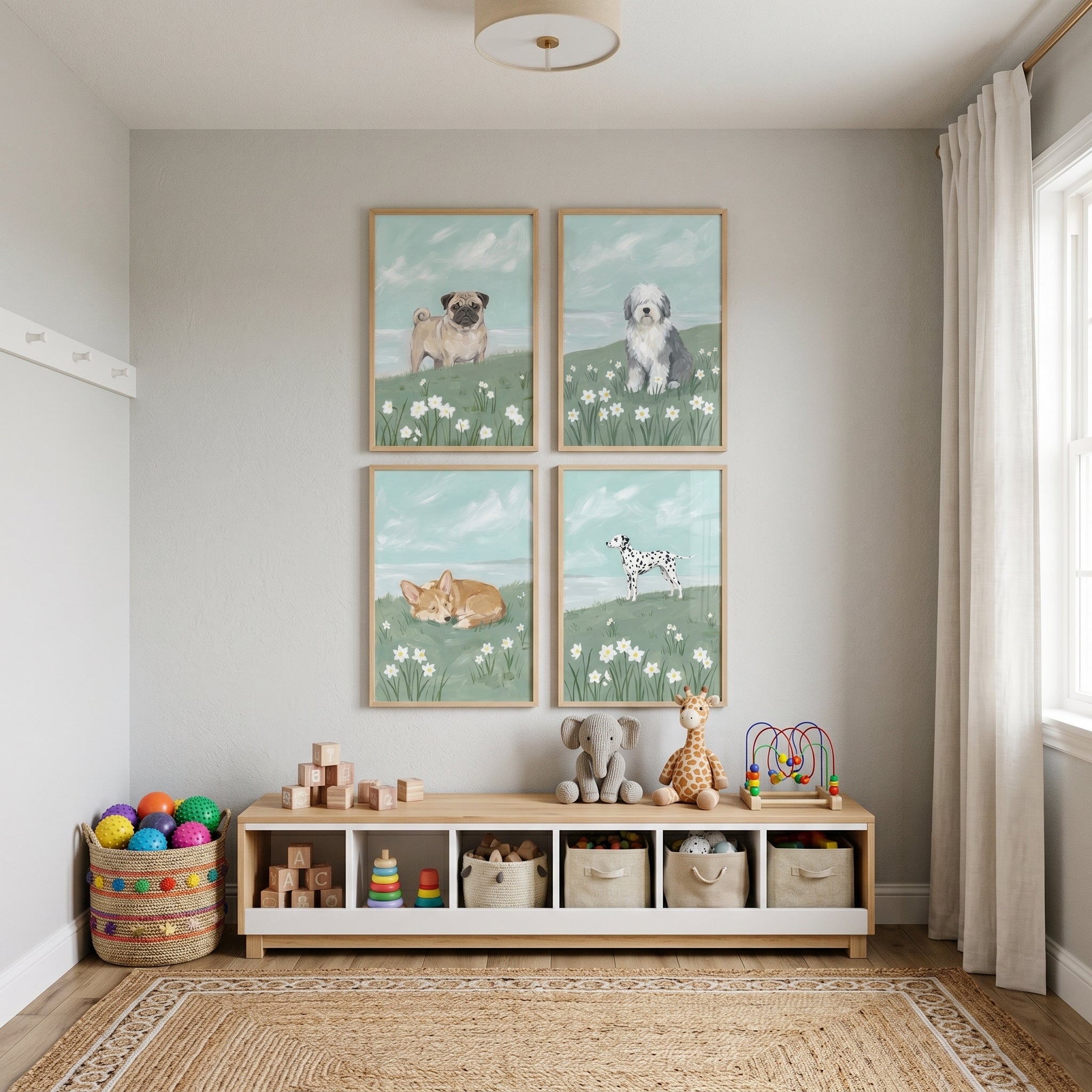 Scenic Coastal Pasture Dog Wall Art Set of 4 - Meadow Dog Quartet