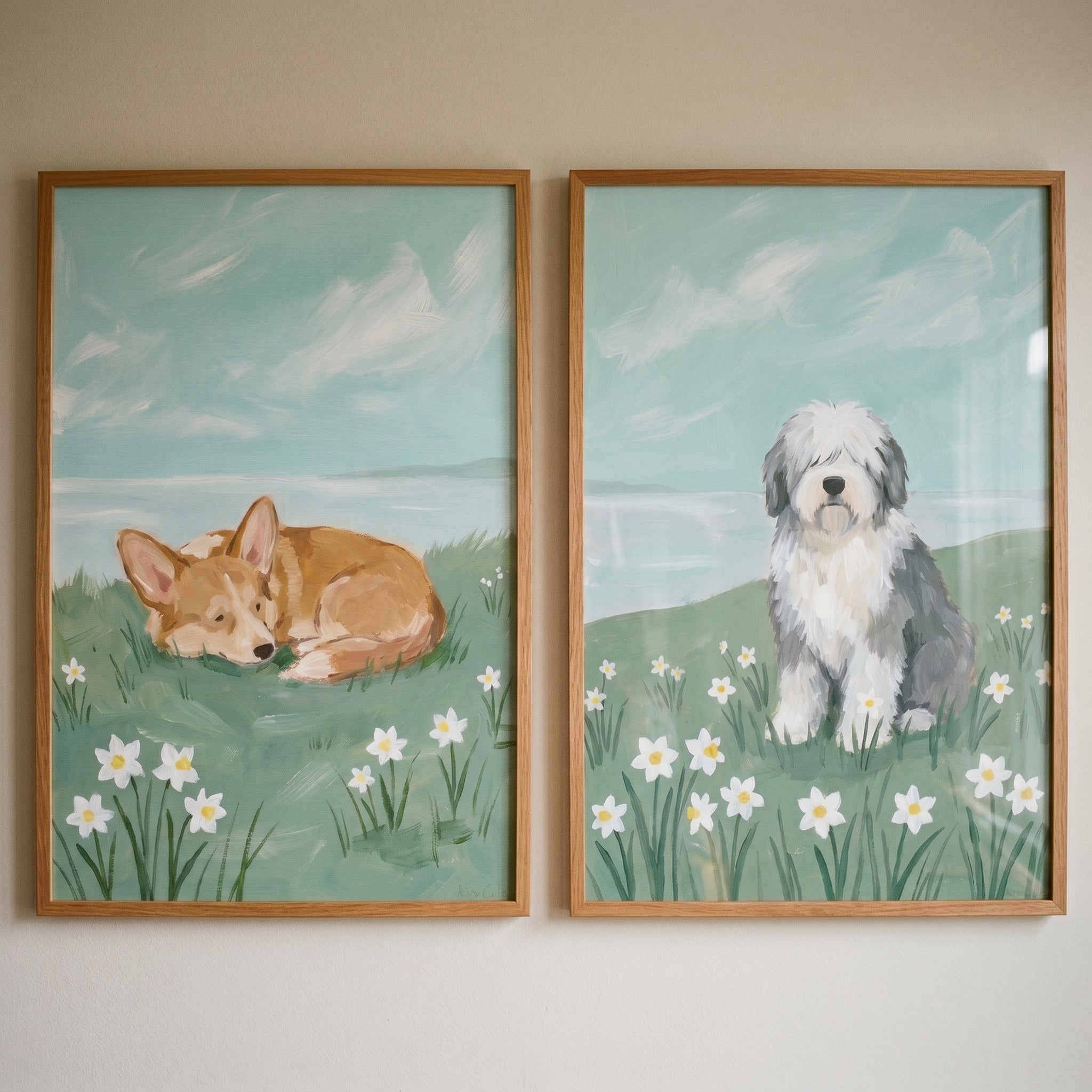 Scenic Coastal Pasture Dogs Wall Art Set of 2 - Seaside Meadow Paws