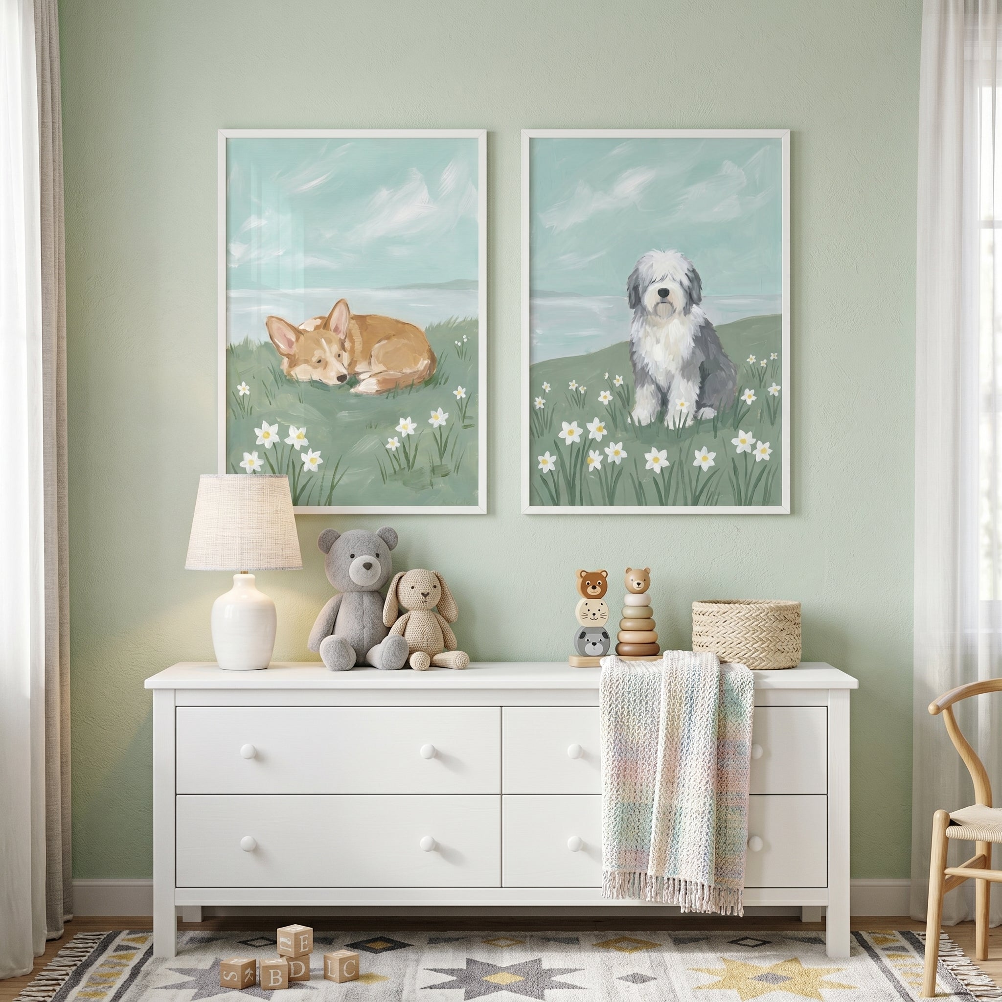 Scenic Coastal Pasture Dogs Wall Art Set of 2 - Seaside Meadow Paws