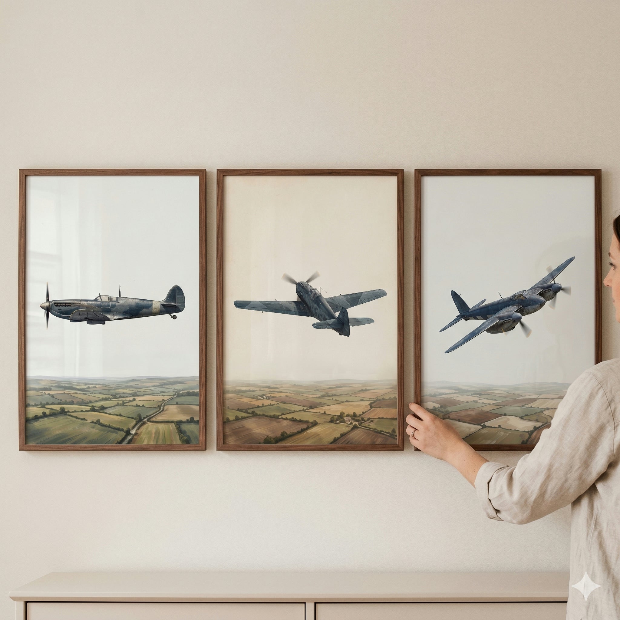 Scenic Countryside Flying Airplane Wall Art Set of 3 - Vintage Air Patrol
