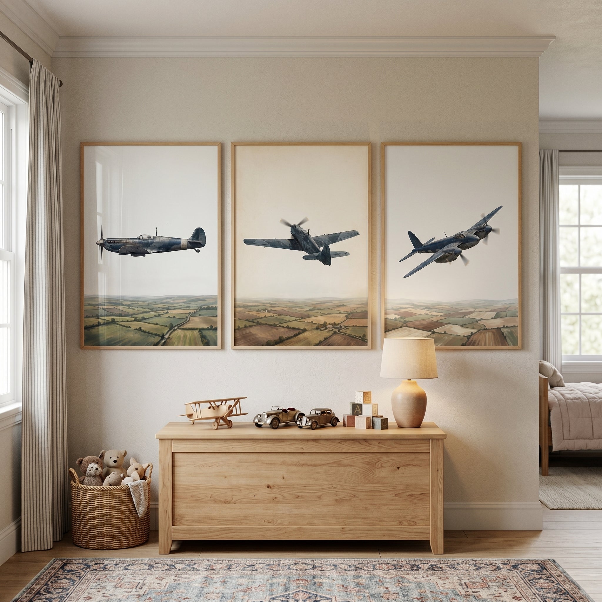 Scenic Countryside Flying Airplane Wall Art Set of 3 - Vintage Air Patrol