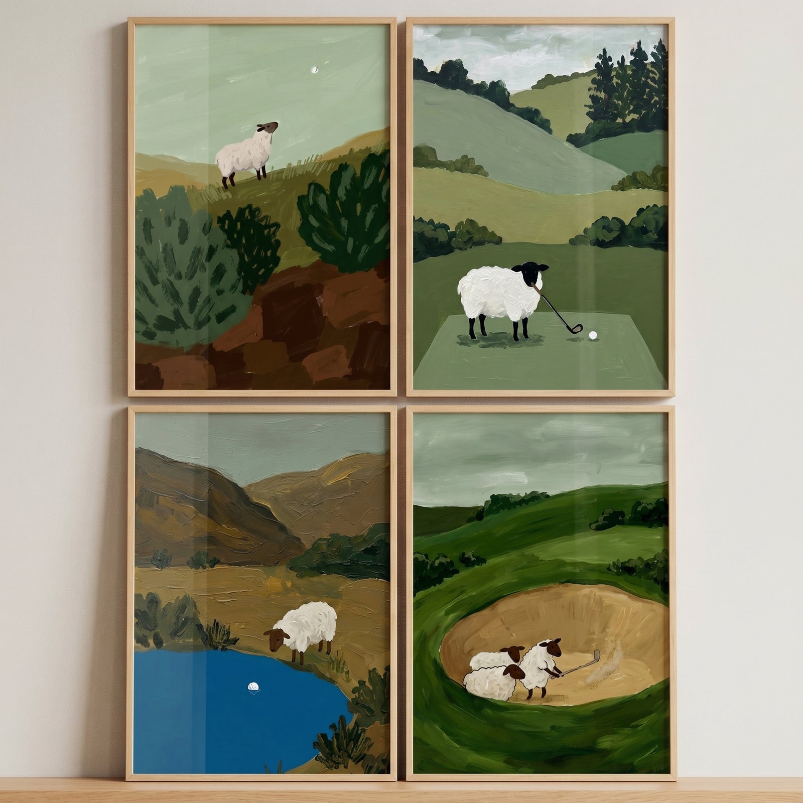 The scenic countryside golfing sheep wall art set of 4 features woolly animals on greens and in bunkers across rolling hills.