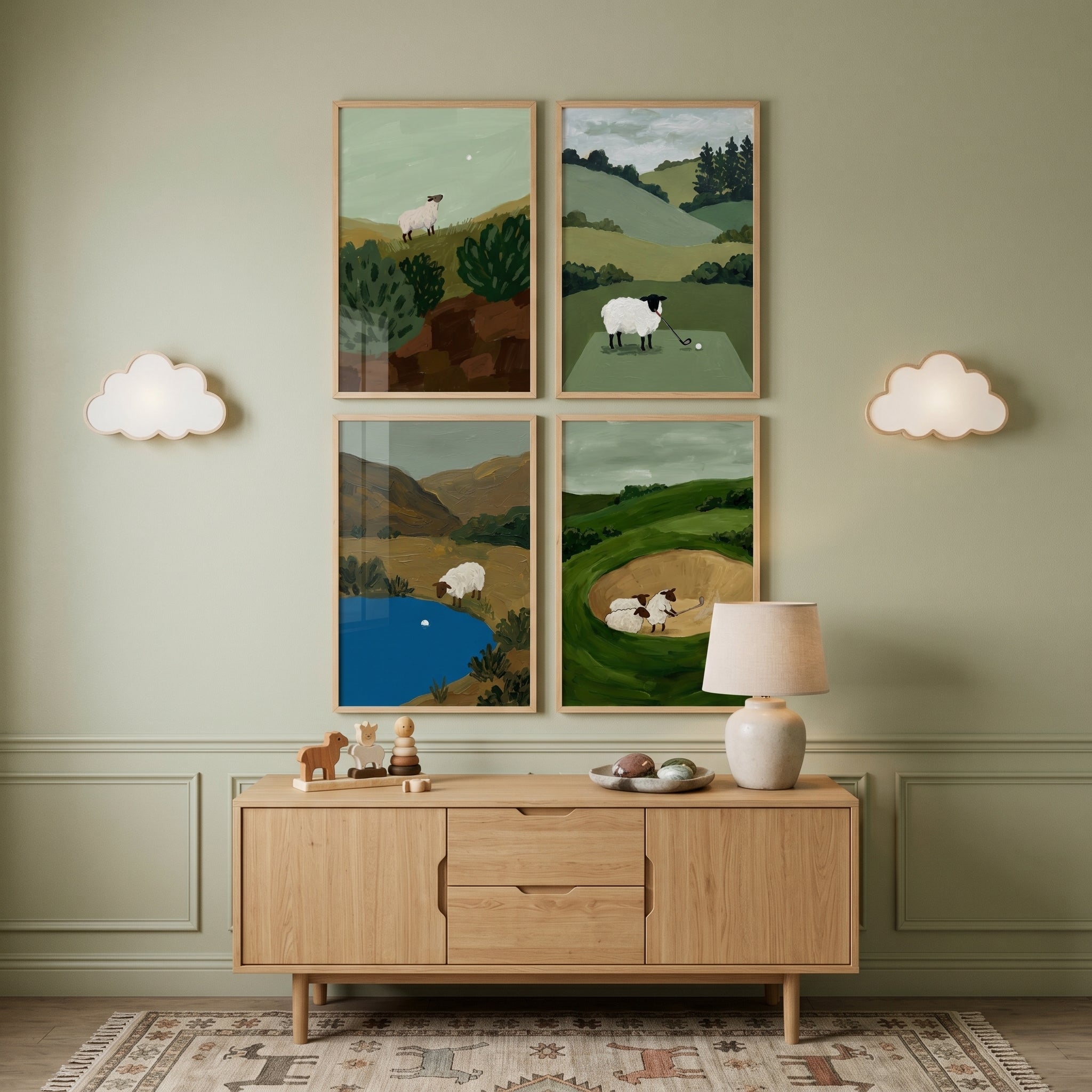 Scenic Countryside Golfing Sheep Wall Art Set of 4 - The Wooly Golfer