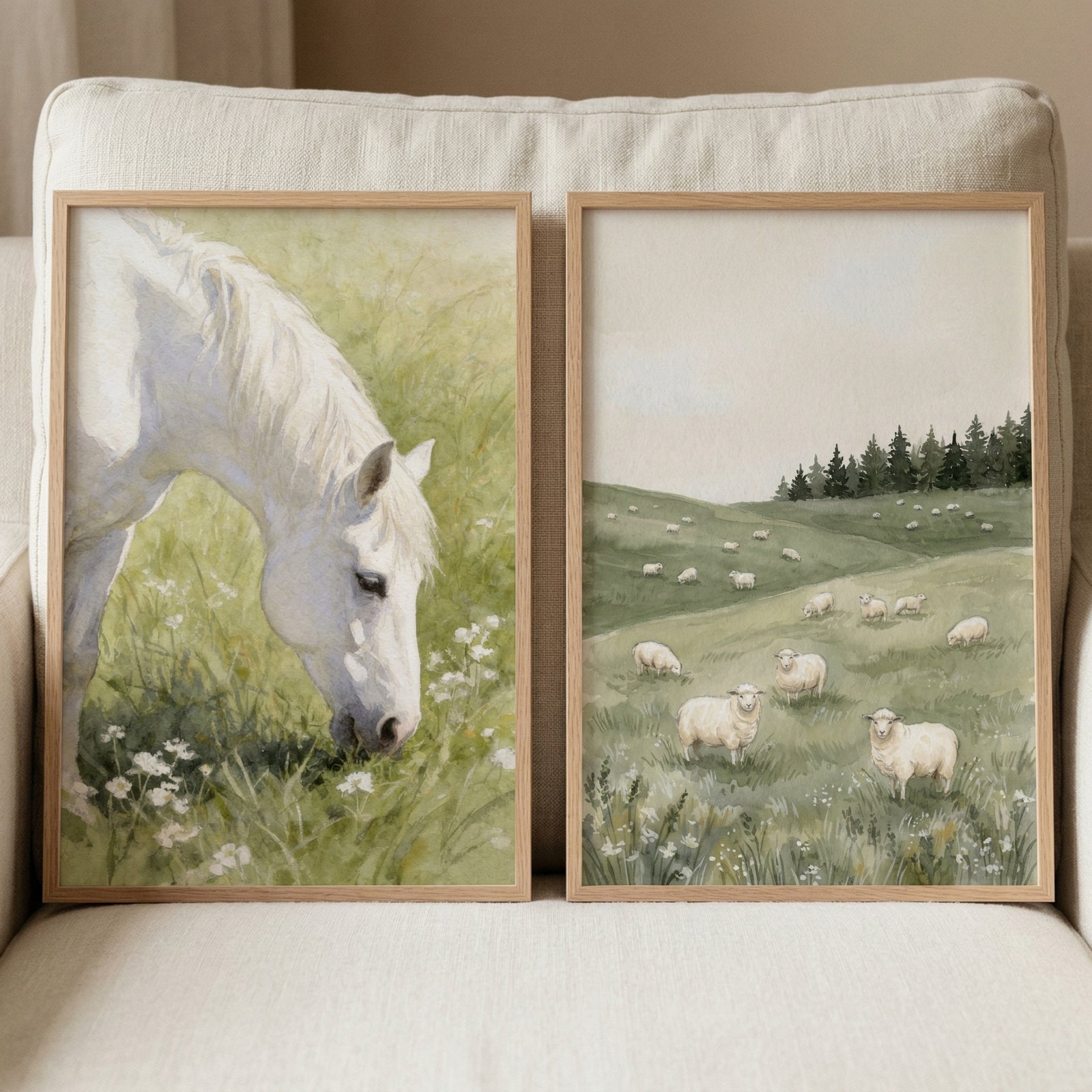 Scenic grazing farm animal wall art set of 2 depicting a white horse and grazing sheep in rolling green pastures.