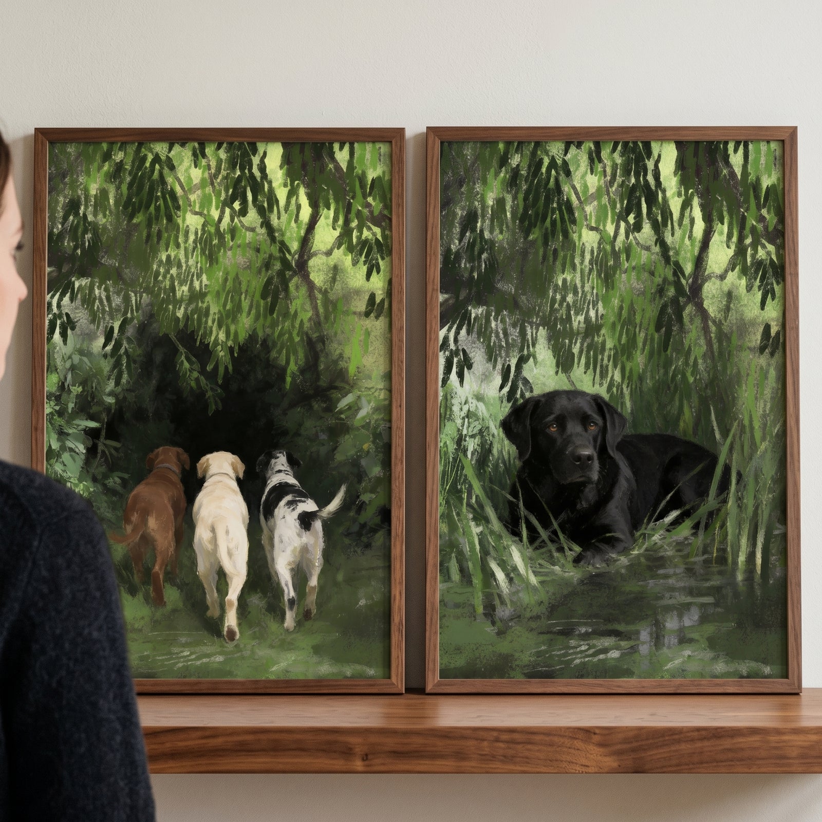 Scenic greenery labrador wall art set of 2 features dogs walking into a forest and a black dog resting in tall grass.