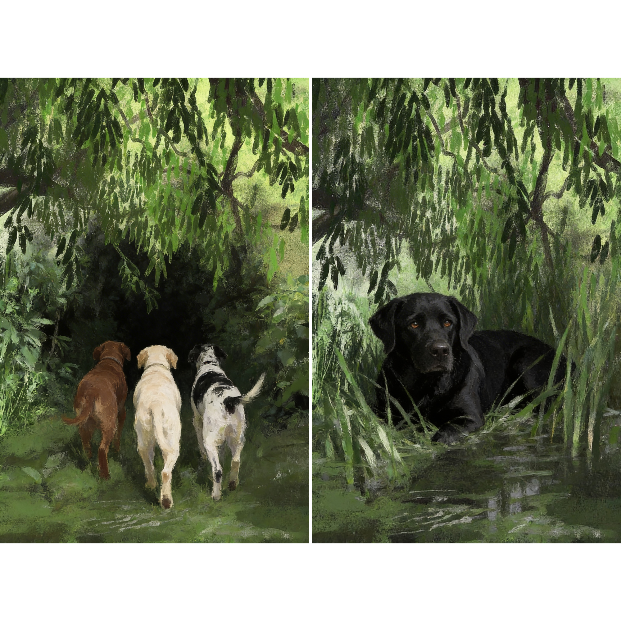 Scenic Greenery Labrador Wall Art Set of 2 - Shadowed Forest Friends