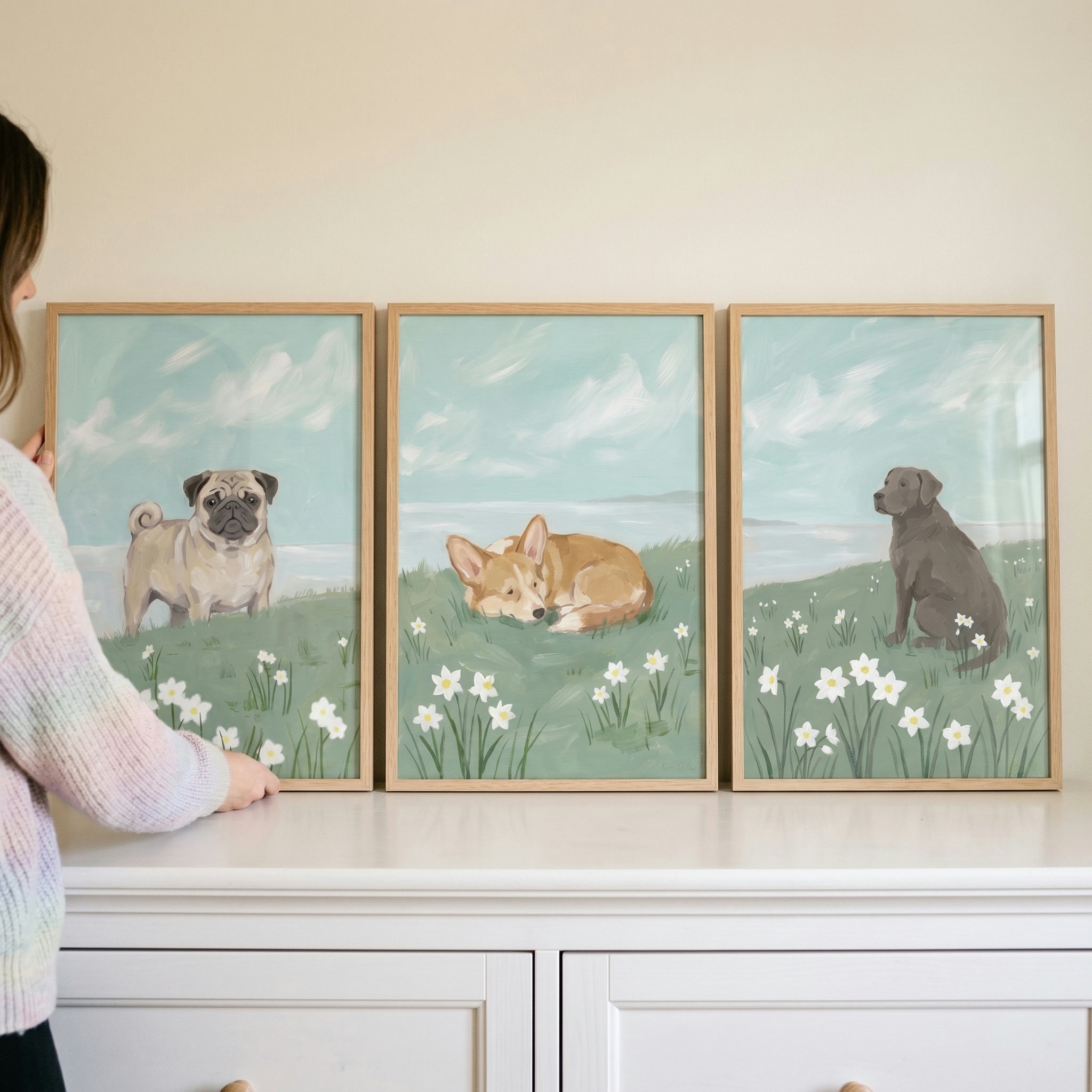 Scenic Horizon Floral Dog Wall Art Set of 3 - Springtime Canine Trio