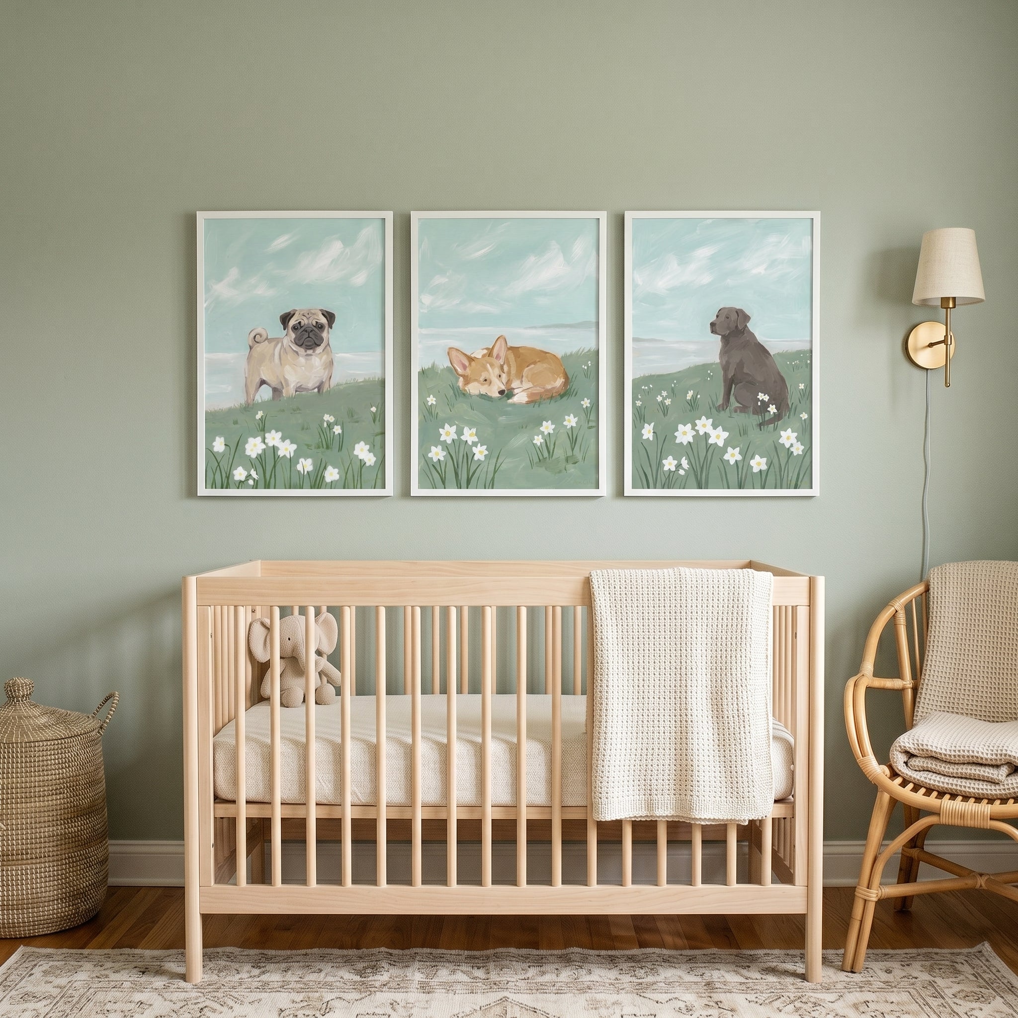 Scenic Horizon Floral Dog Wall Art Set of 3 - Springtime Canine Trio
