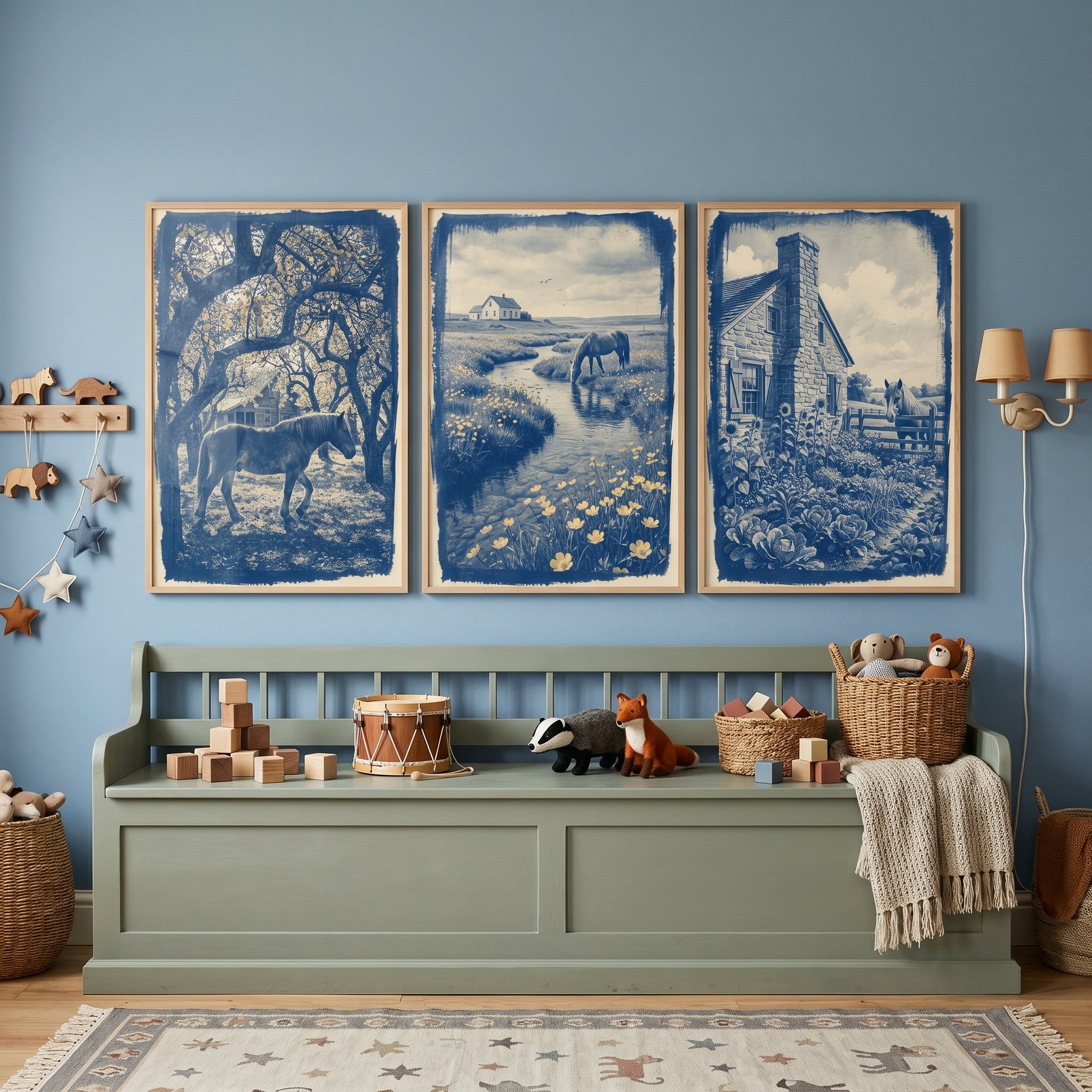Scenic Indigo Monochrome Horse Wall Art Set of 3 - Indigo Farmstead Scenes