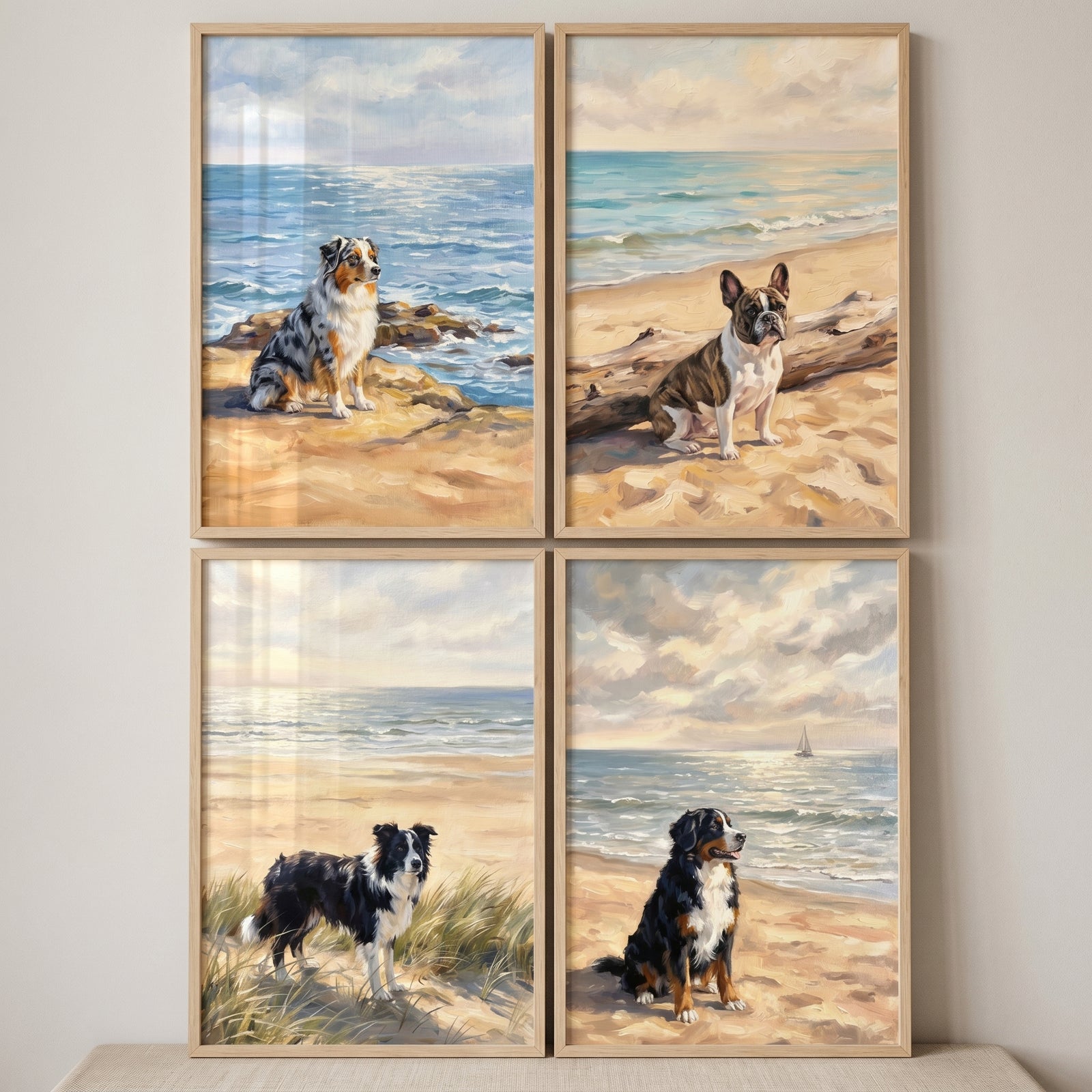 Scenic maritime sandy dog wall art set of 4 shows diverse breeds resting on coastal beaches near soft ocean waves.