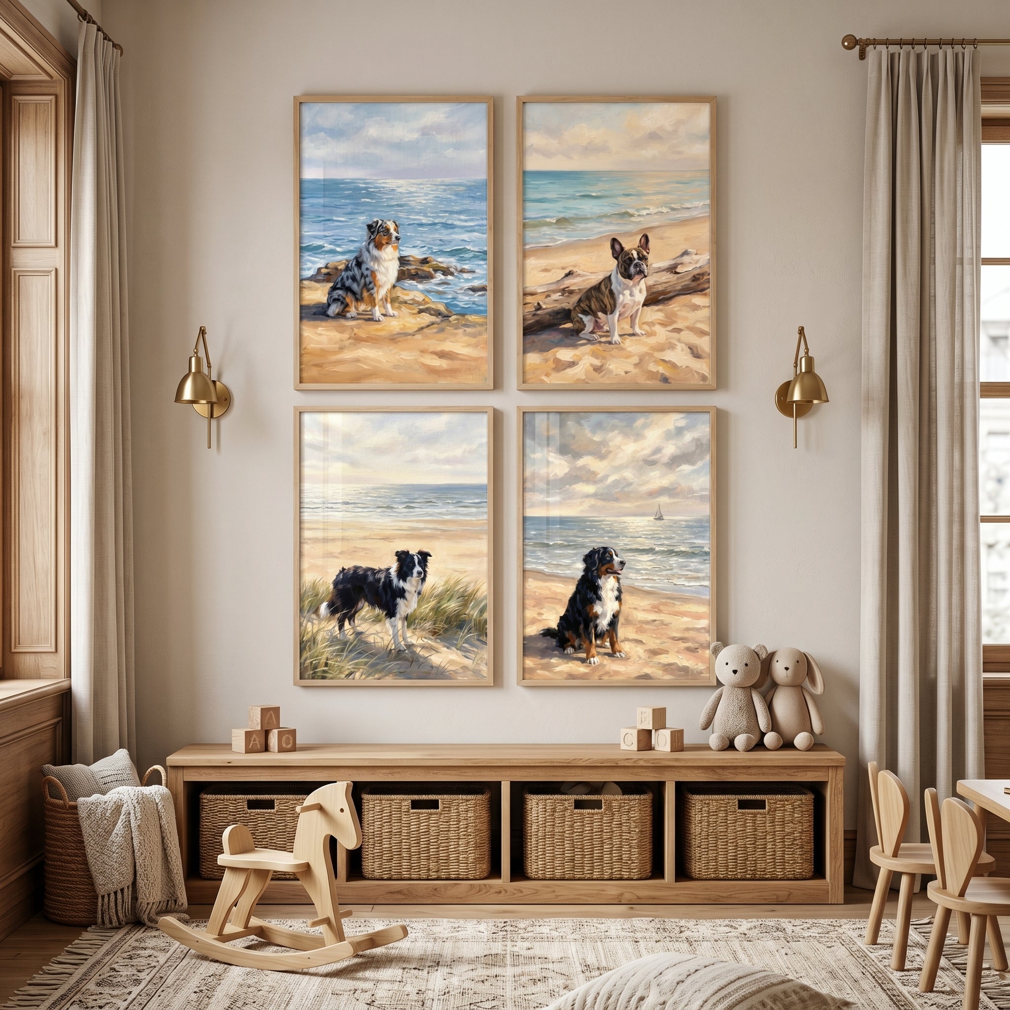 Scenic Maritime Sandy Dog Wall Art Set of 4 - Coastal Canines