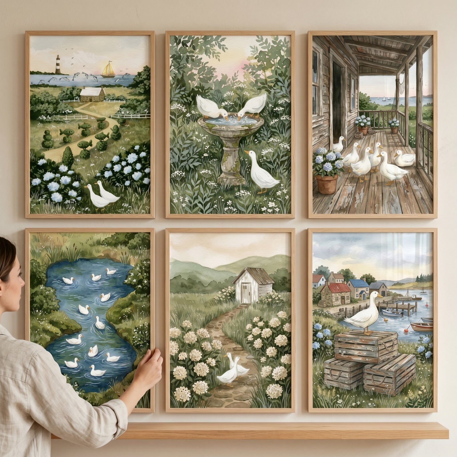 Scenic nature white duck wall art set of 6 showing birds in coastal, garden, and pastoral landscapes.