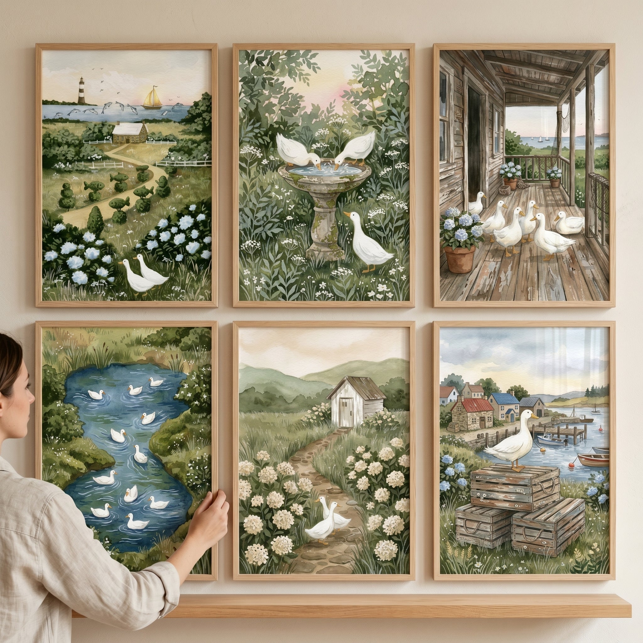 Scenic Nature White Duck Wall Art Set of 6 - Serene Duck Village