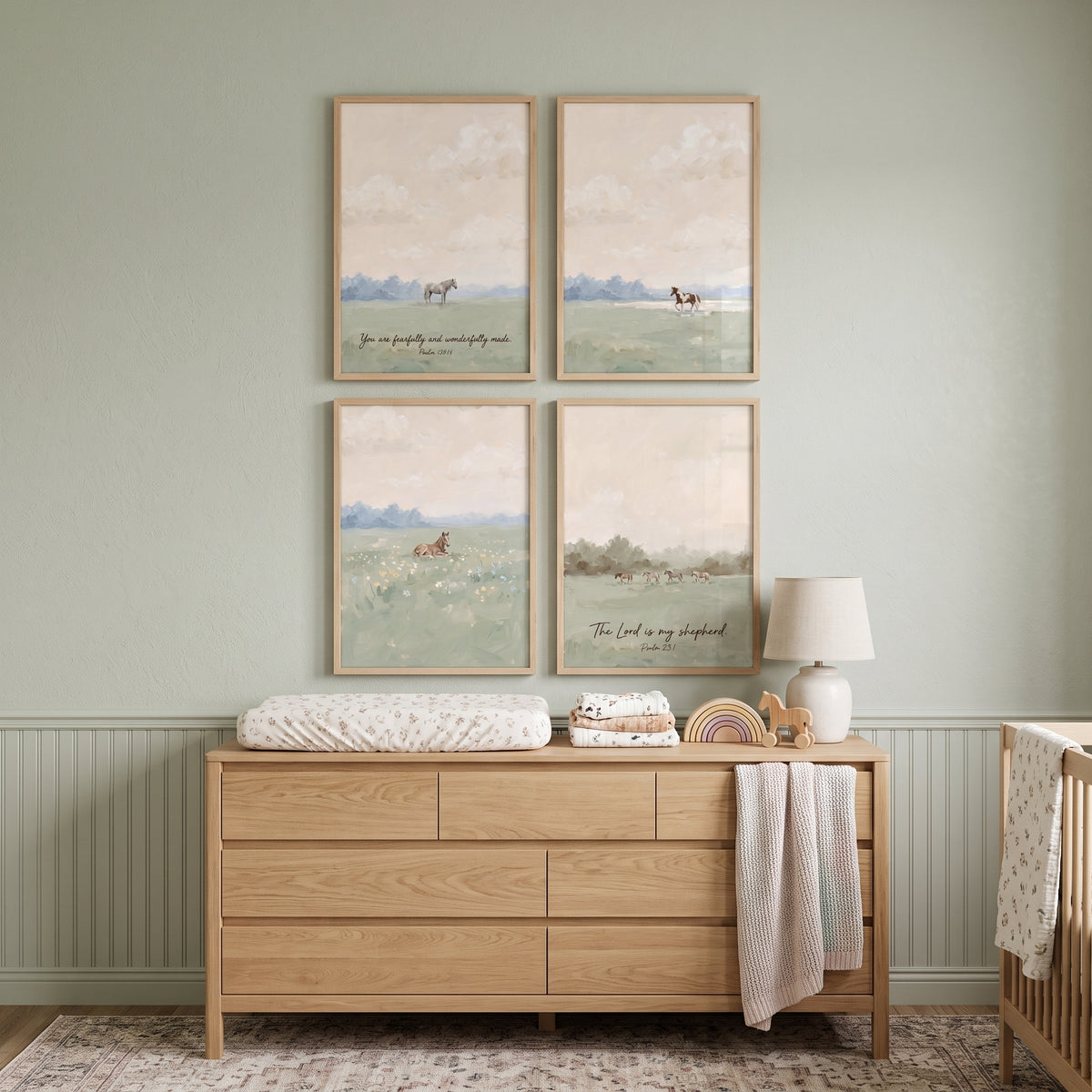 Scenic Sage Meadow Horse Wall Art Set of 4 - Peaceful Meadow Verses