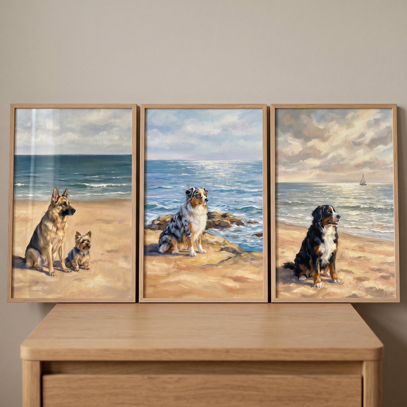 Scenic seaside coastal dogs wall art set of 3 featuring a German Shepherd, Aussie, and Bernese Mountain Dog by the ocean.