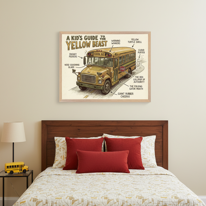 Kid's bedroom with a wooden bed, red pillows, and a patterned quilt. A framed poster, "A Kid's Guide to the Yellow Beast," an illustrated diagram of a school bus with humorous labels, hangs centered above the bed. A yellow toy school bus is on a nightstand to the left.