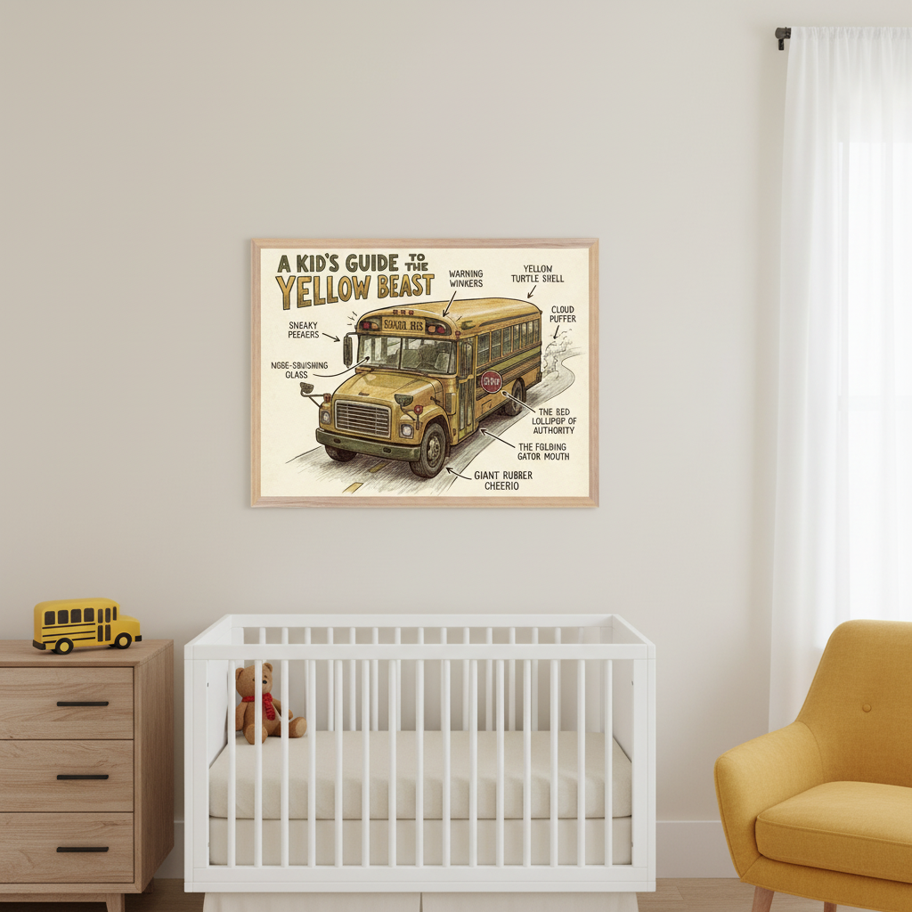 Modern nursery with a white crib, wooden dresser, and yellow armchair. A framed hand-drawn illustration, "A KID'S GUIDE TO THE YELLOW BEAST," depicting a labeled school bus, hangs above the crib.