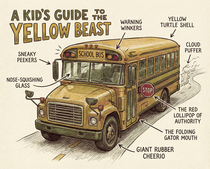 A humorous, kid-friendly illustration of a school bus, whimsically named "The Yellow Beast," with fun labels describing parts like the "Giant Rubber Cheerio" (the wheels) and the "Red Lollipop of Authority" (the stop sign), making the school bus come alive.
