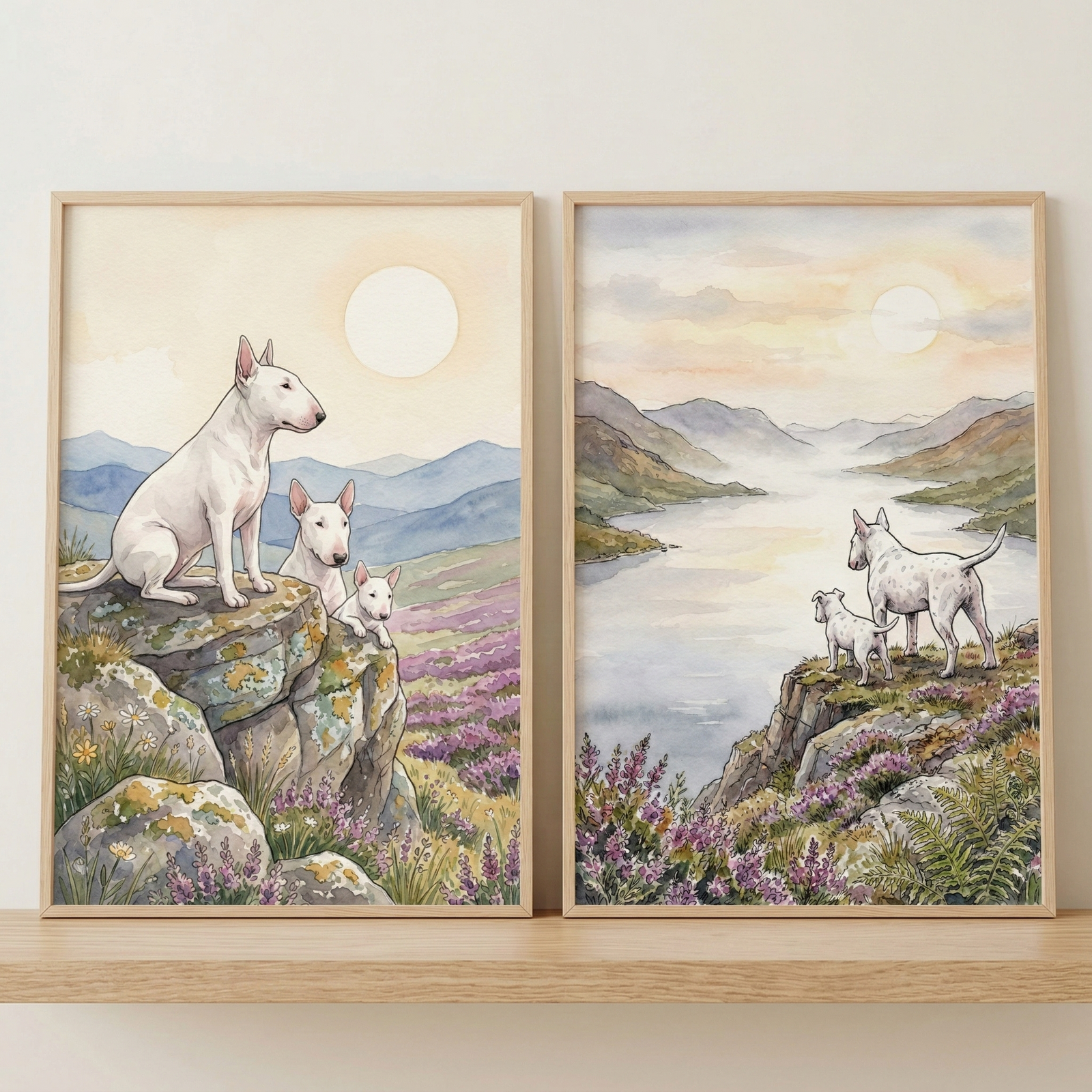 Two framed pieces of art sit side-by-side on a wooden shelf. Each features white dogs with distinctive oval-shaped heads in a scenic landscape. The left image shows three dogs on a rocky outcrop overlooking rolling hills and fields of purple flowers under a large sun. The right image depicts two dogs on a cliff edge looking over a body of water toward distant mountains at sunset. Both illustrations are done in a soft watercolor style with muted pastel tones and delicate details.