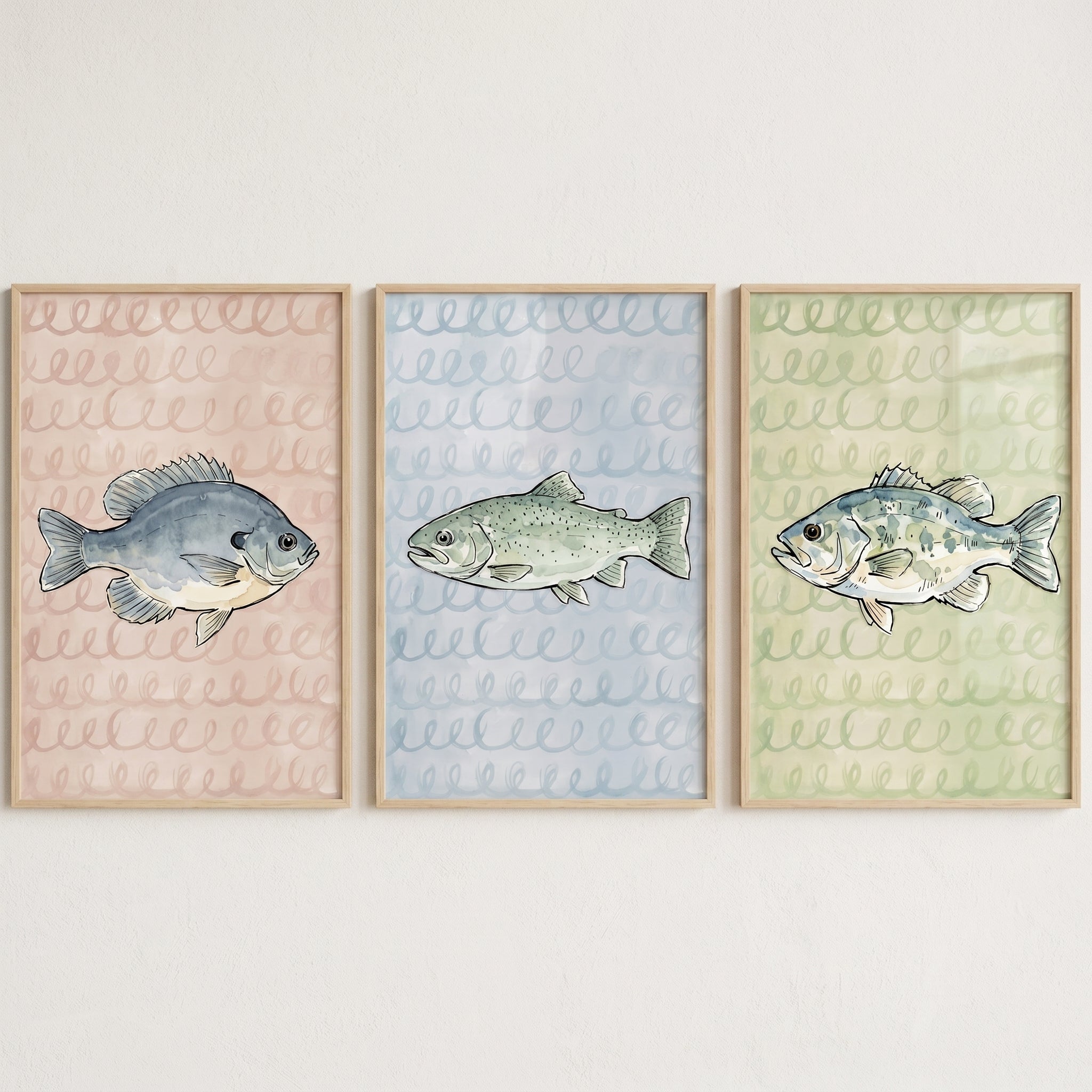 Scribble Background Watercolor Fish Wall Art Set of 3 - Serene Lake Life