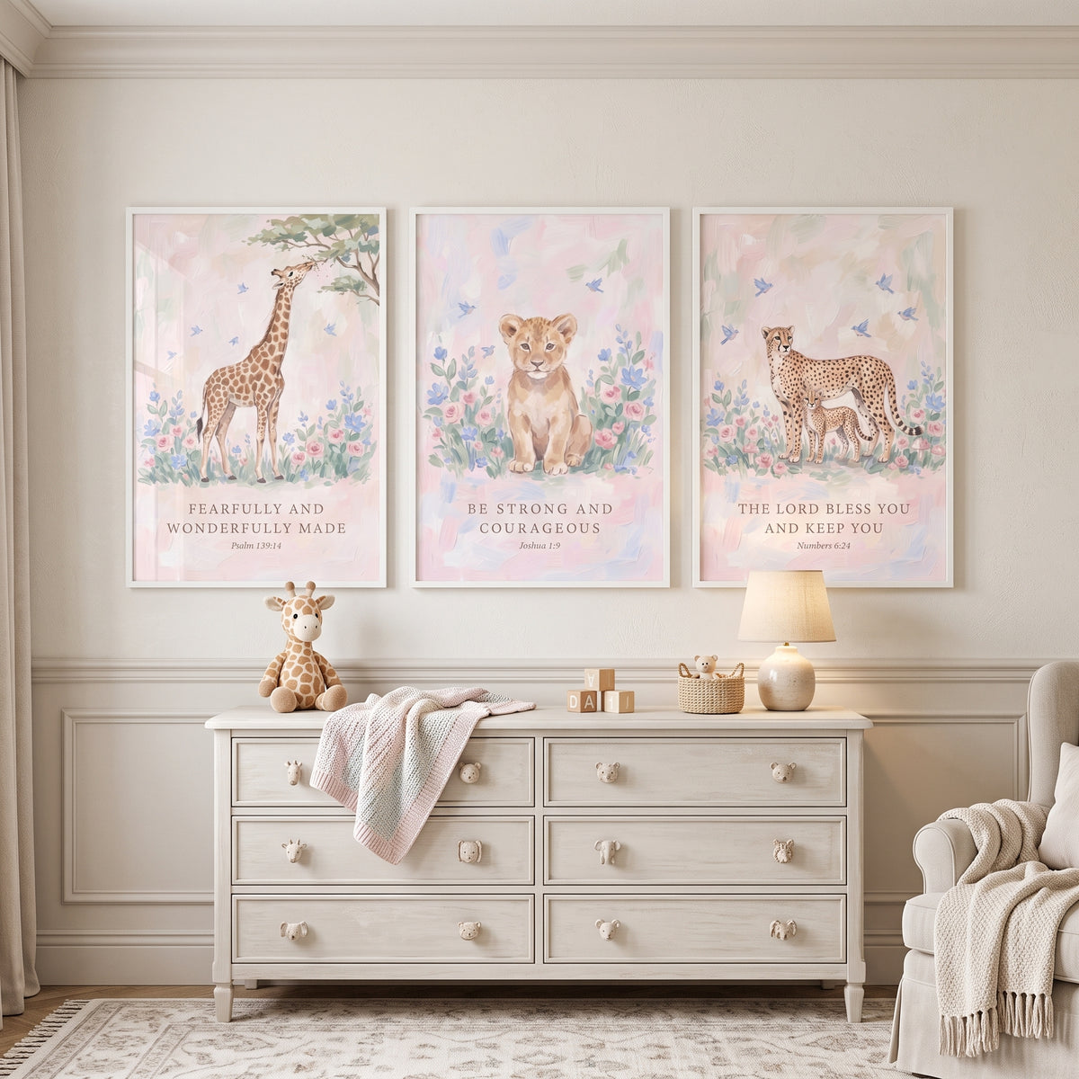 Scripture Blush Wildflower Animals Wall Art Set of 3 - Nursery Scripture Safari