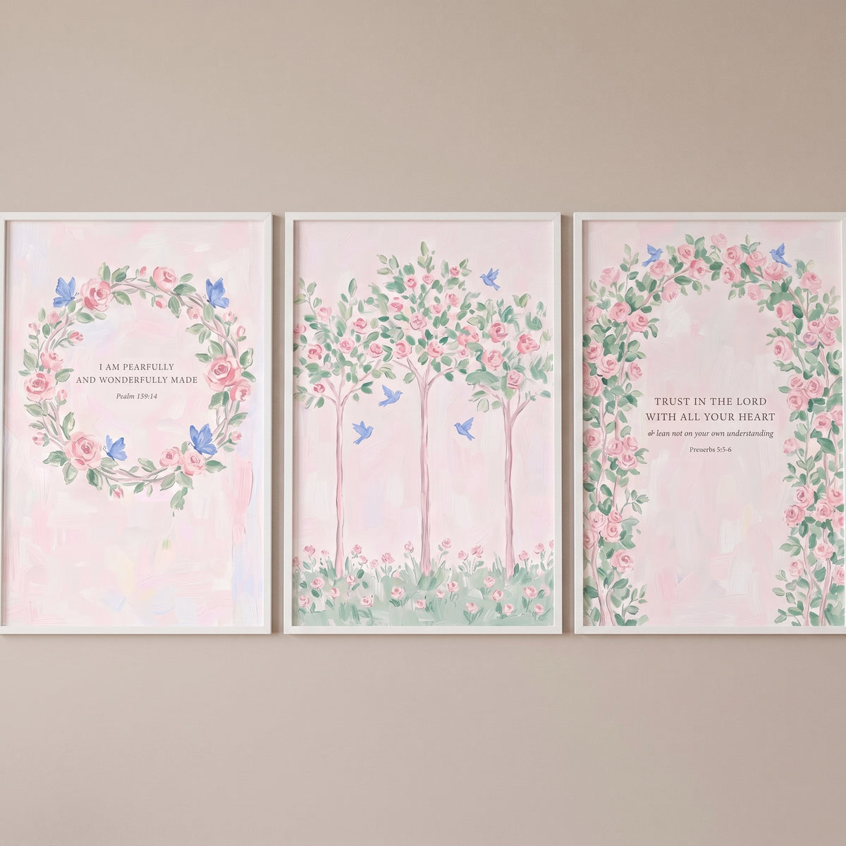 Scripture Floral Rose Garden Wall Art Set of 3 - Faithful Floral Trio