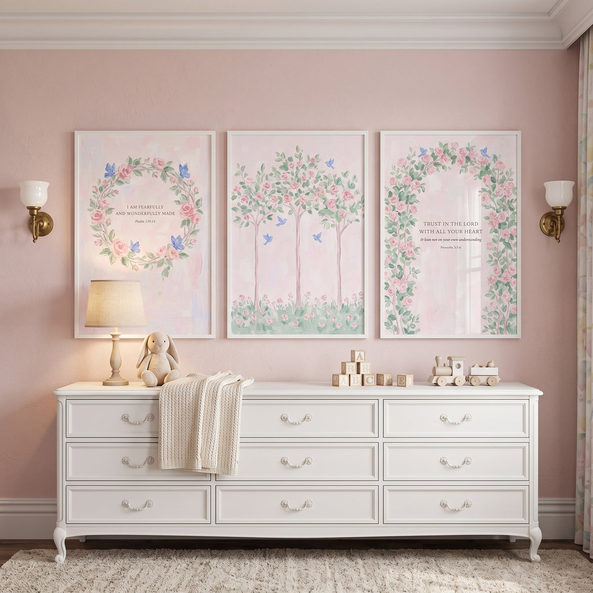 Scripture Floral Rose Garden Wall Art Set of 3 - Faithful Floral Trio
