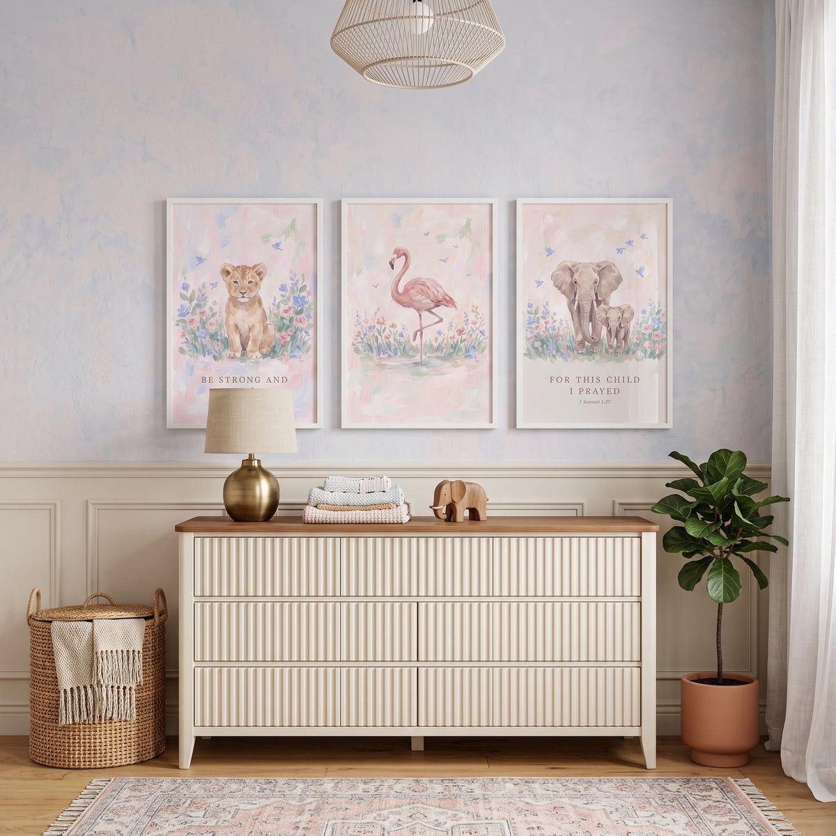 Scripture Meadow Savanna Animals Artwork Set Of 3 - Pastel Safari Grace