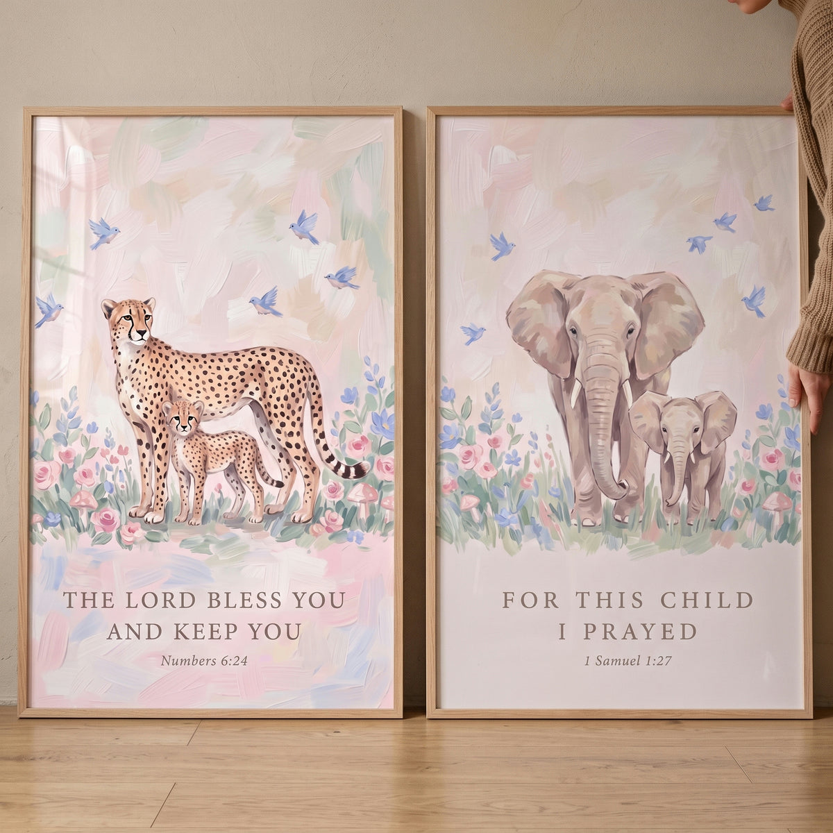 Scripture mother baby animal bible wall art set of 2 featuring cheetah and elephant mothers and offspring in soft florals.