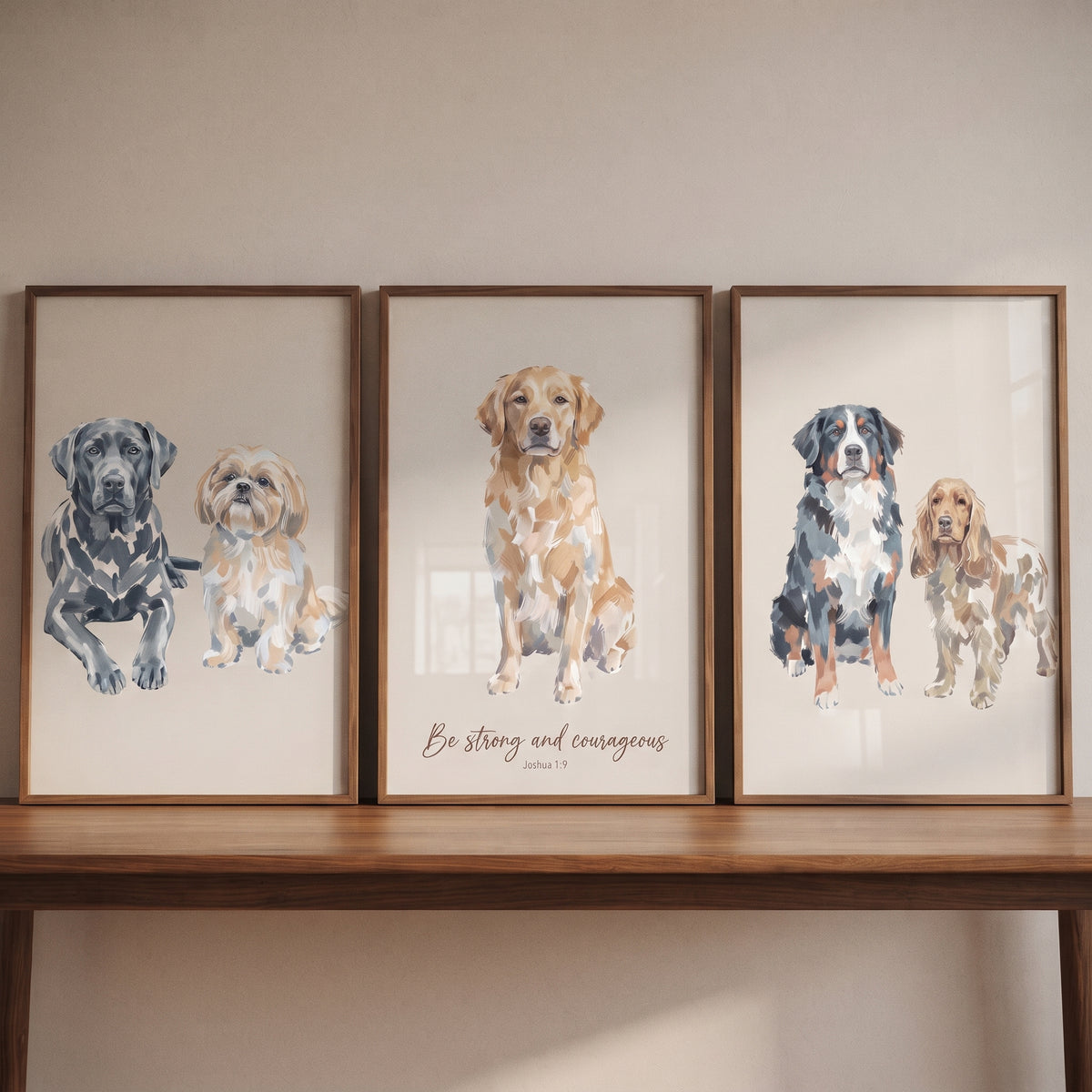 Scripture multi breed dogs wall art set of 3 features five illustrated breeds in wooden frames on a wooden table.