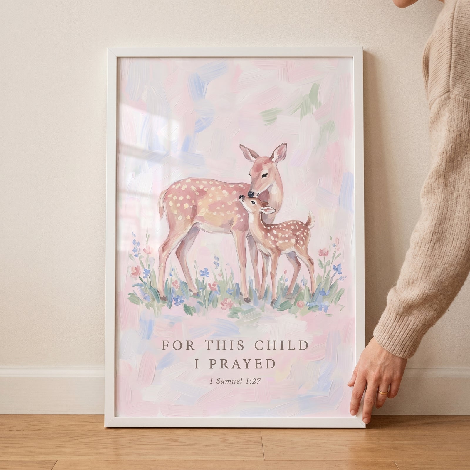 Framed scripture quote baby deer bible wall art for a nursery with a doe and fawn in pastel colors and 1 Samuel bible verse.