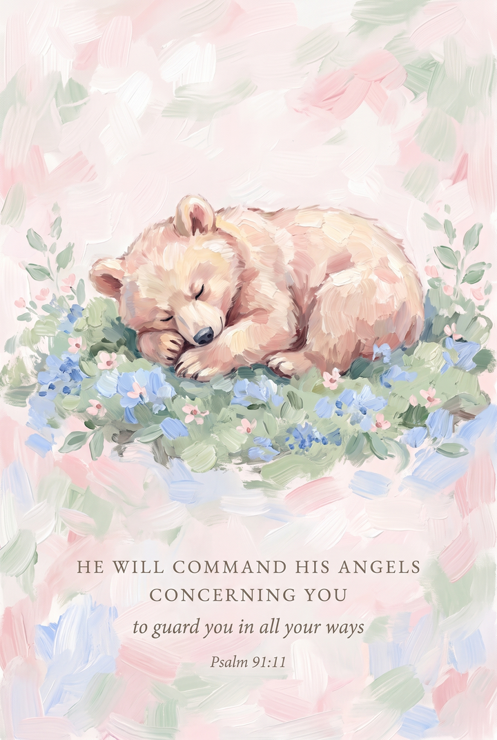 Scripture quote sleeping bear bible wall art with a cub resting on blue flowers and the text of Psalm 91:11.
