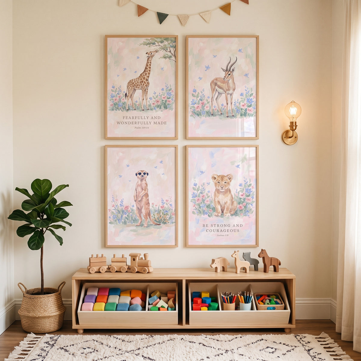 Scripture Verse Savanna Animals Artwork Set Of 4 - Faithful Jungle Friends