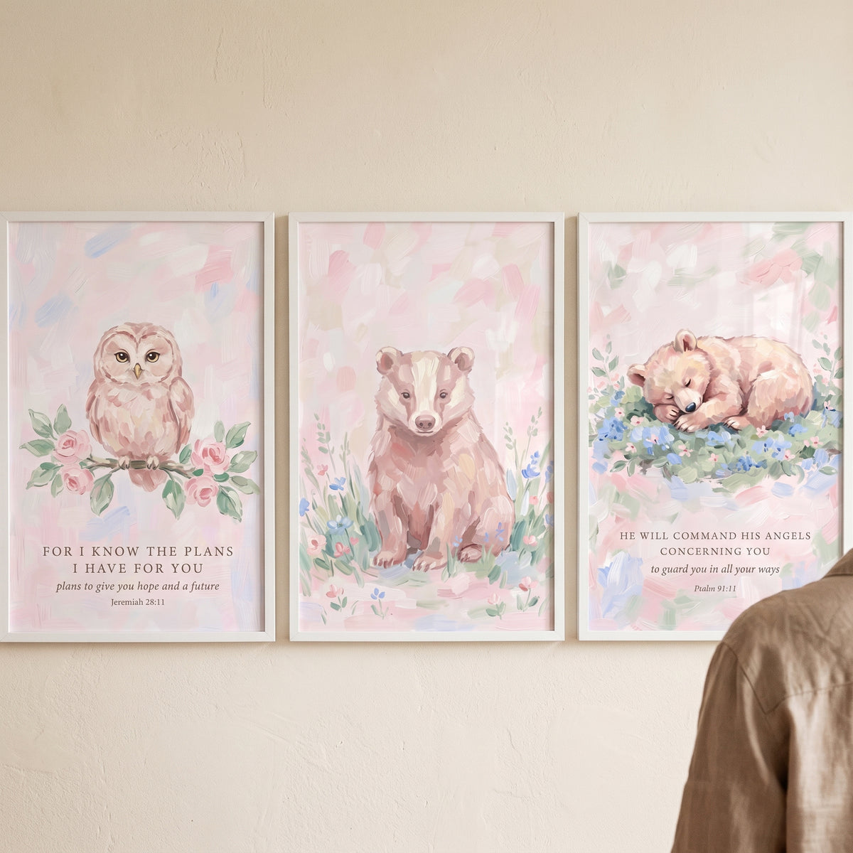 scripture verse woodland animals wall art set of 3 with framed owl, badger, and sleeping bear illustrations in soft colors.
